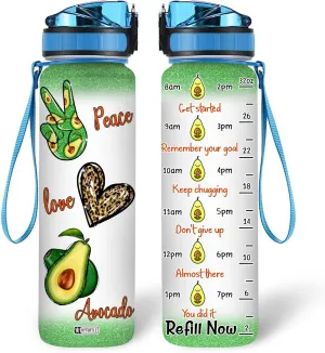Hyturtle Personalized Peace Love Avocado Water Bottle - 32oz Motivational Water Bottle with Leak-Proof Lid Time Marker - Custom Name Gift for Avocado Lovers Women Girls - Birthday & Christmas Gift