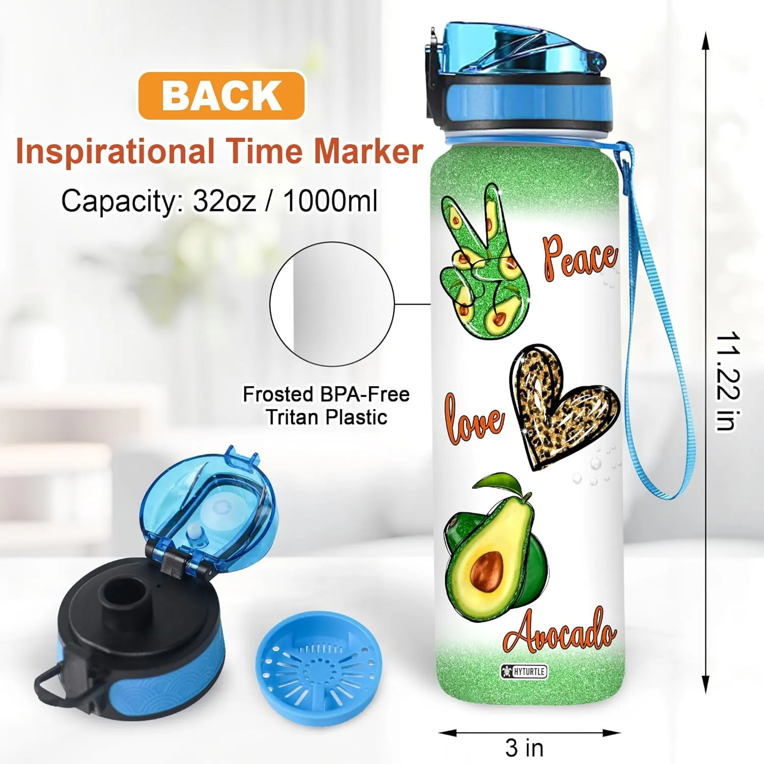 Hyturtle Personalized Peace Love Avocado Water Bottle - 32oz Motivational Water Bottle with Leak-Proof Lid Time Marker - Custom Name Gift for Avocado Lovers Women Girls - Birthday & Christmas Gift