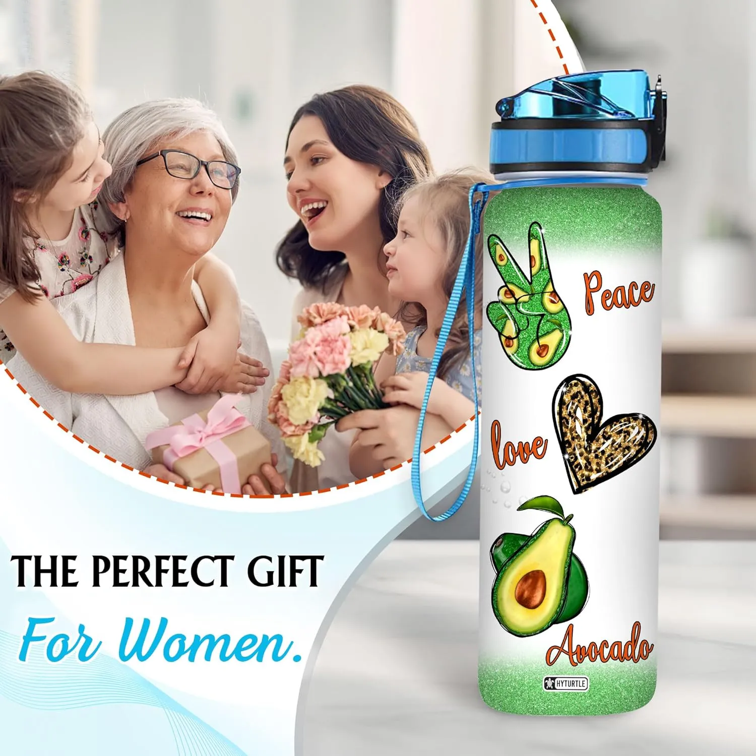 Hyturtle Personalized Peace Love Avocado Water Bottle - 32oz Motivational Water Bottle with Leak-Proof Lid Time Marker - Custom Name Gift for Avocado Lovers Women Girls - Birthday & Christmas Gift