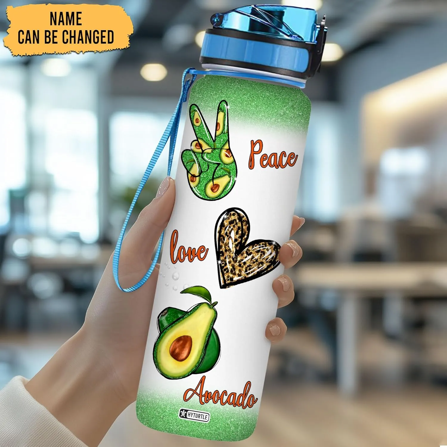 Hyturtle Personalized Peace Love Avocado Water Bottle - 32oz Motivational Water Bottle with Leak-Proof Lid Time Marker - Custom Name Gift for Avocado Lovers Women Girls - Birthday & Christmas Gift