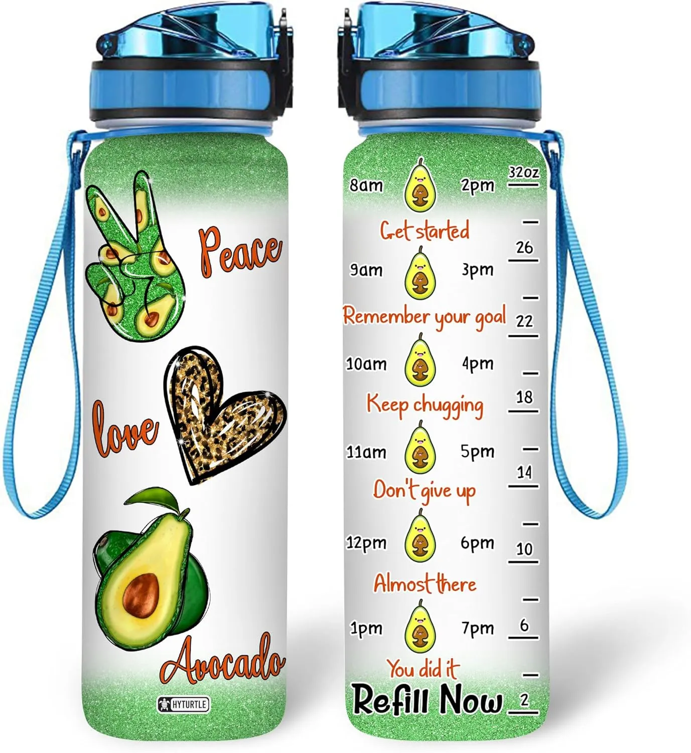 Hyturtle Personalized Peace Love Avocado Water Bottle - 32oz Motivational Water Bottle with Leak-Proof Lid Time Marker - Custom Name Gift for Avocado Lovers Women Girls - Birthday & Christmas Gift