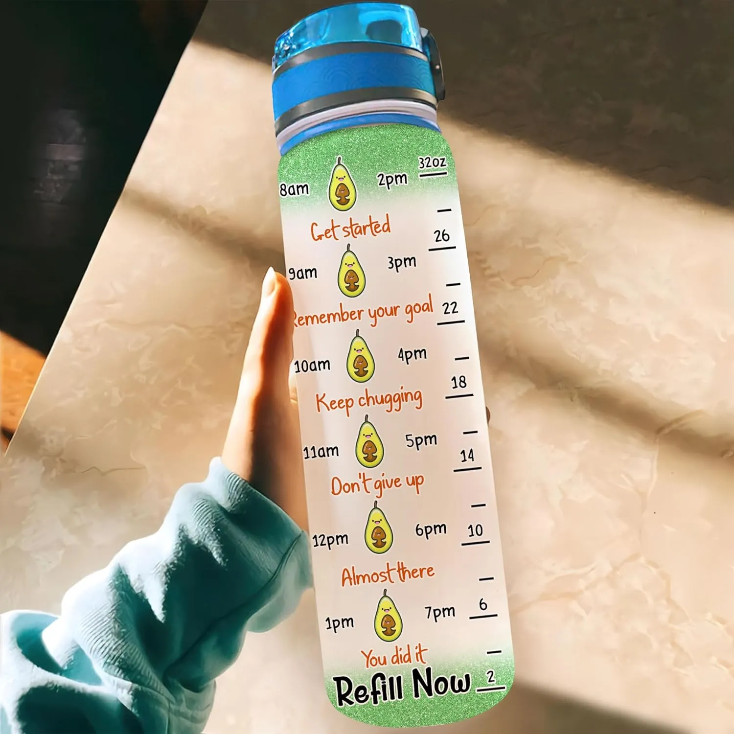 Hyturtle Personalized Peace Love Avocado Water Bottle - 32oz Motivational Water Bottle with Leak-Proof Lid Time Marker - Custom Name Gift for Avocado Lovers Women Girls - Birthday & Christmas Gift
