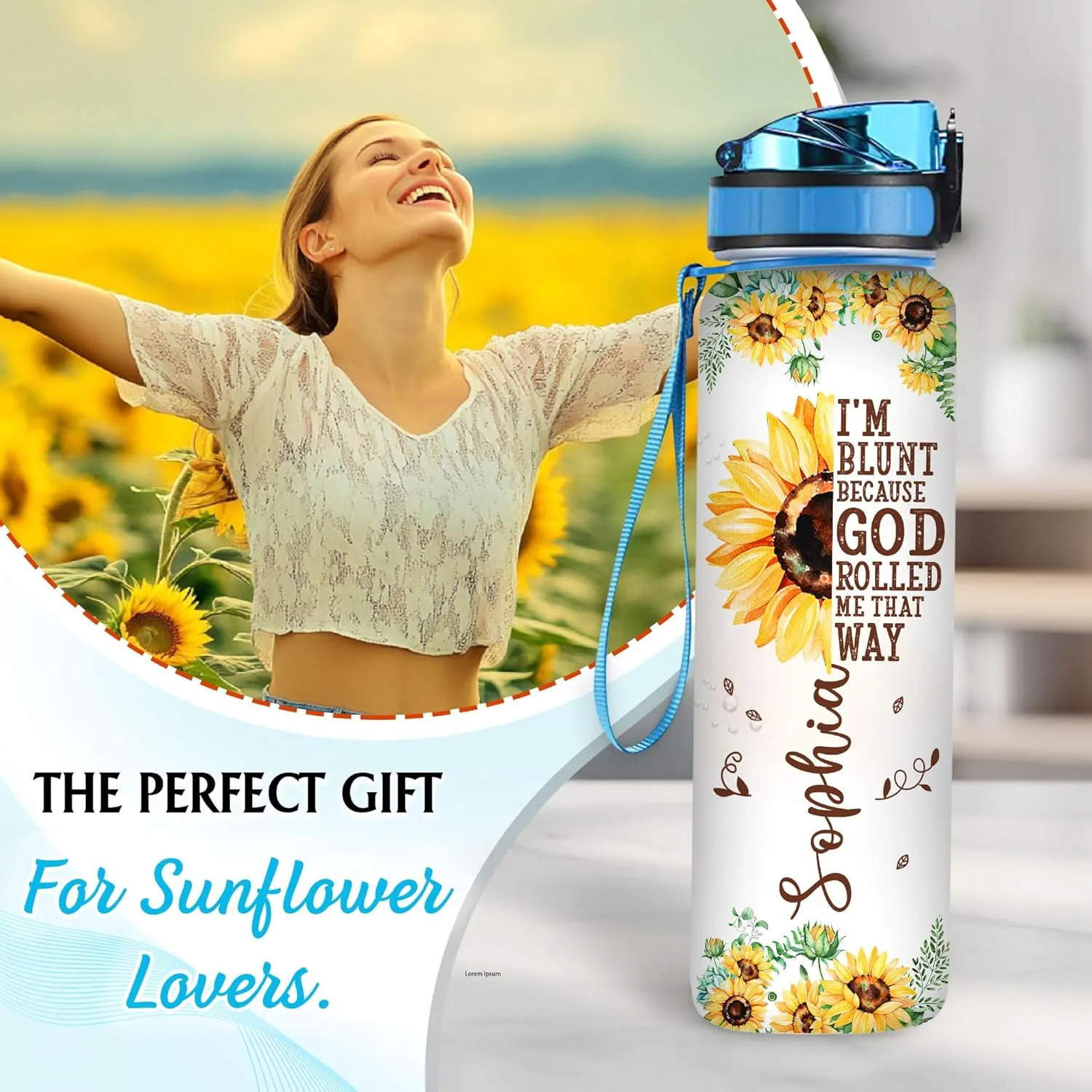 Hyturtle Personalized Sunflower Water Bottle - 32oz Motivational Water Bottle with Leak-Proof Lid Time Marker - Custom Name Sunflower Gifts for Women, Sunflower Lovers On Birthday Christmas