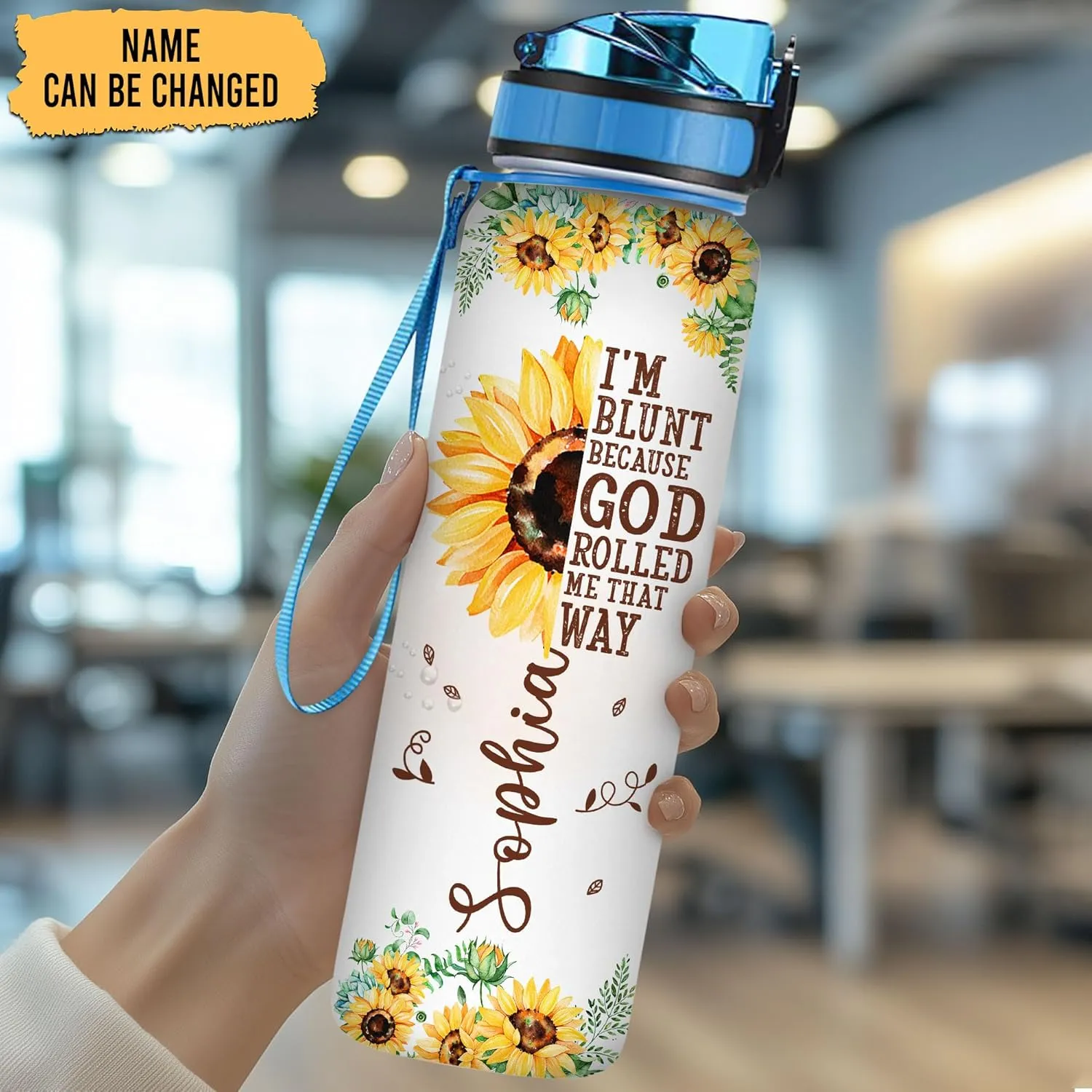 Hyturtle Personalized Sunflower Water Bottle - 32oz Motivational Water Bottle with Leak-Proof Lid Time Marker - Custom Name Sunflower Gifts for Women, Sunflower Lovers On Birthday Christmas