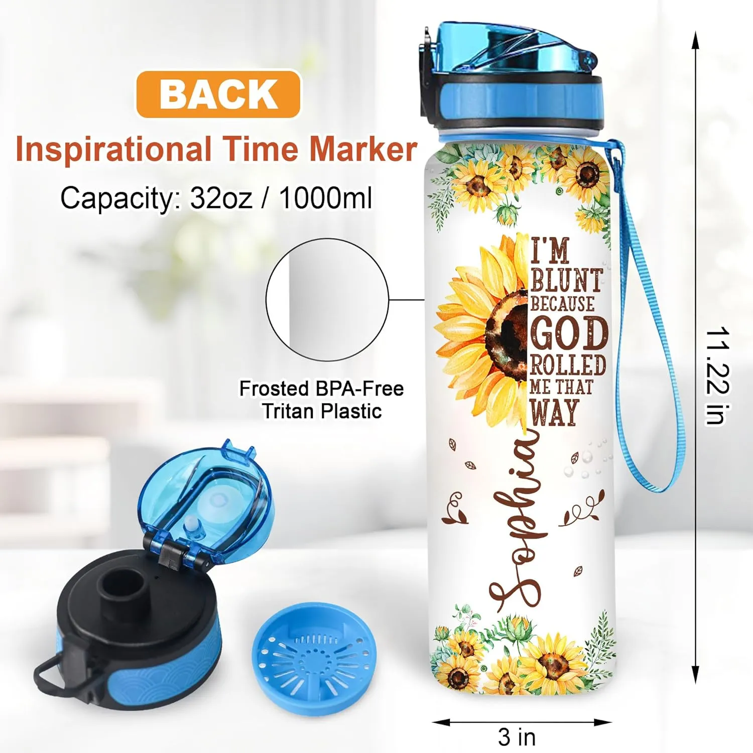 Hyturtle Personalized Sunflower Water Bottle - 32oz Motivational Water Bottle with Leak-Proof Lid Time Marker - Custom Name Sunflower Gifts for Women, Sunflower Lovers On Birthday Christmas
