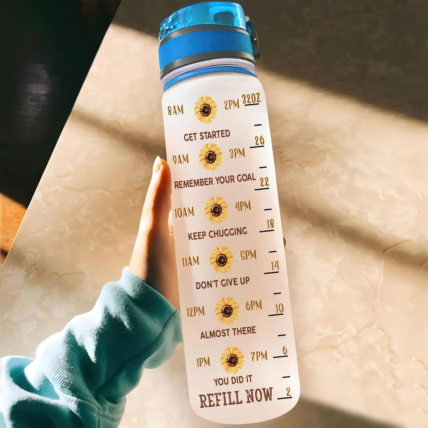 Hyturtle Personalized Sunflower Water Bottle - 32oz Motivational Water Bottle with Leak-Proof Lid Time Marker - Custom Name Sunflower Gifts for Women, Sunflower Lovers On Birthday Christmas