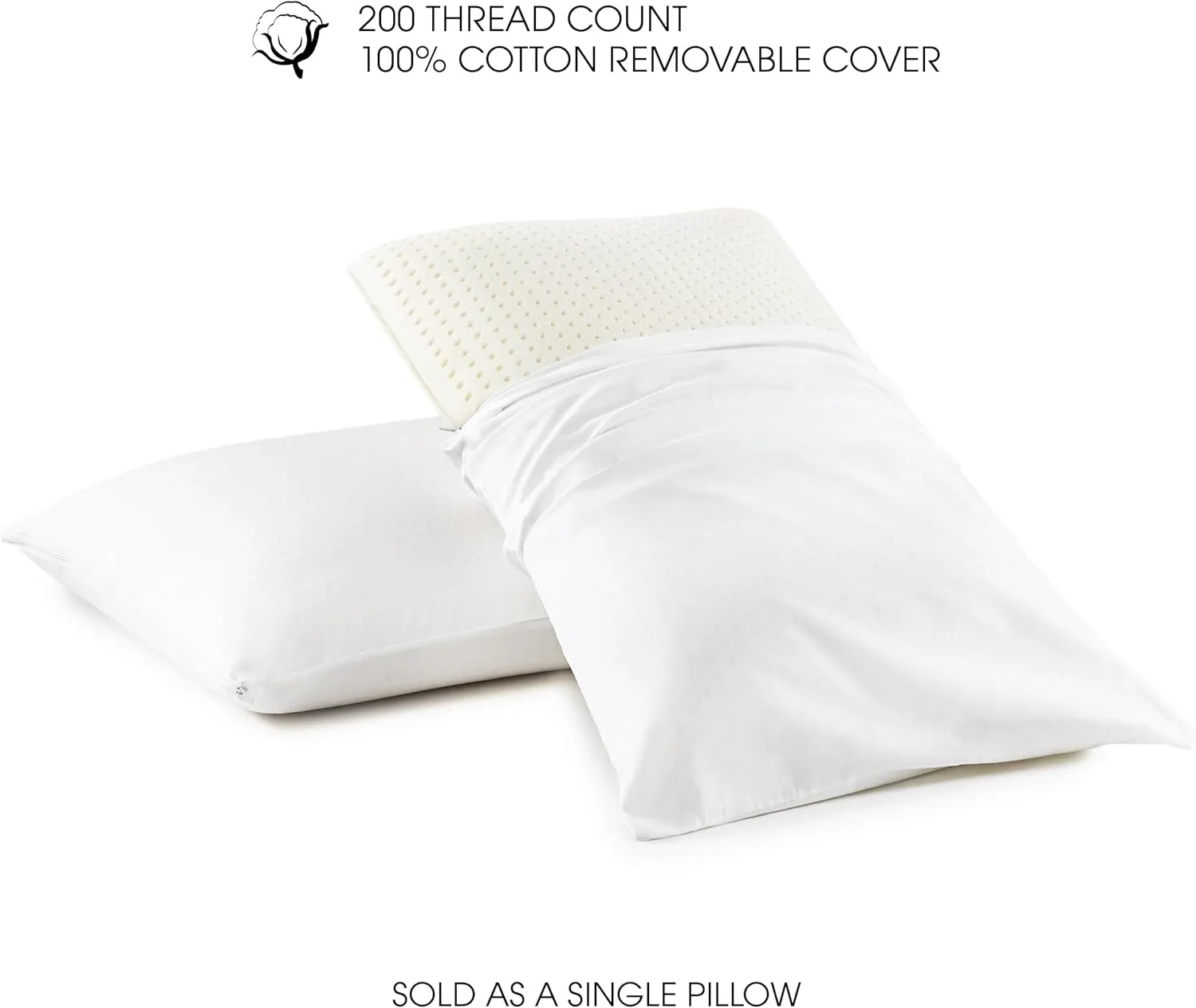 I AM Natural Talalay Latex Medium Support Bed Pillow for Sleeping, Removable and Breathable 100% Cotton Cover, Queen, White