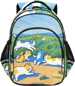 Illustrative Cats Meadow Kids School Backpack Kindergarten Boys Girls Bookbag Preschool Child Travel Bag
