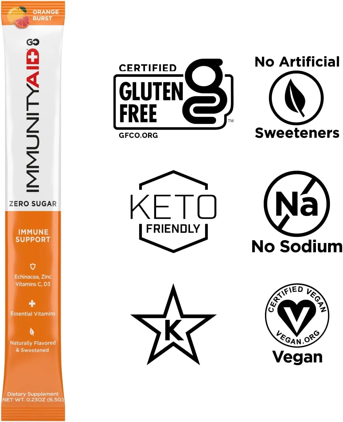 Immunity AID GO! Zero Sugar Immunity   Hydration Packet, Vitamin C, Echinacea, Zinc, Astragalus Root, Vegan & Gluten-Free, Naturally Sweetened, No Caffeine, 30 Count (Pack of 1)