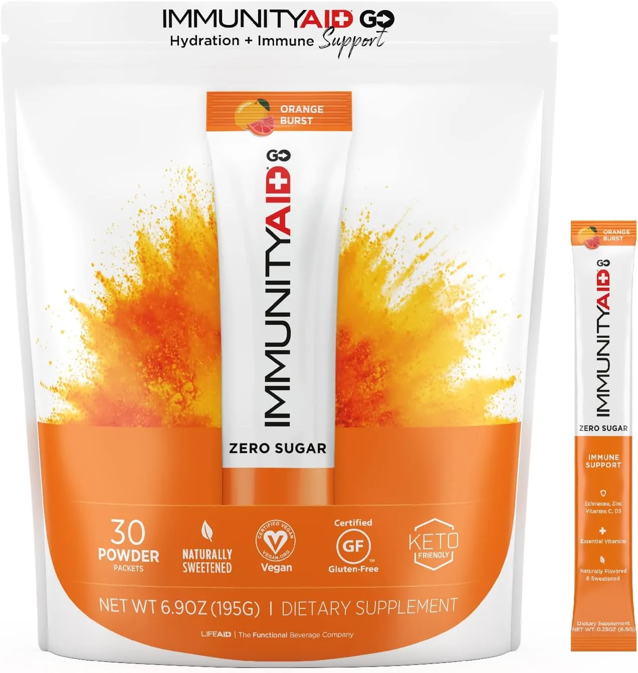 Immunity AID GO! Zero Sugar Immunity   Hydration Packet, Vitamin C, Echinacea, Zinc, Astragalus Root, Vegan & Gluten-Free, Naturally Sweetened, No Caffeine, 30 Count (Pack of 1)