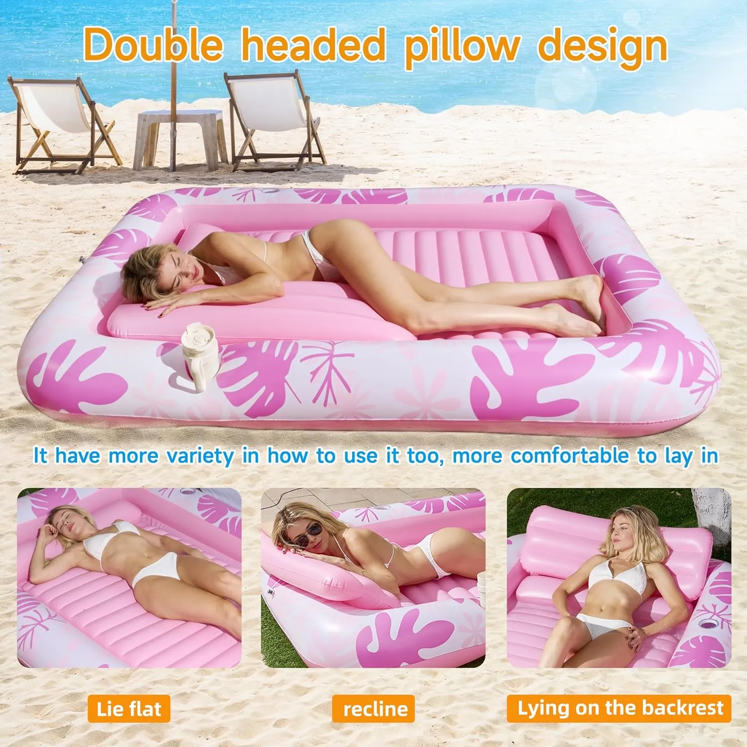 Inflatable Backyard Tanning Pool Lounger Float with Built-in Drainage, 85"×57.5" 6-in-1 Pool Floats Adult Inflatable Tanning Bed/Sun tan Tub/Outside Blow Up Chair Sofa Cloud Pools