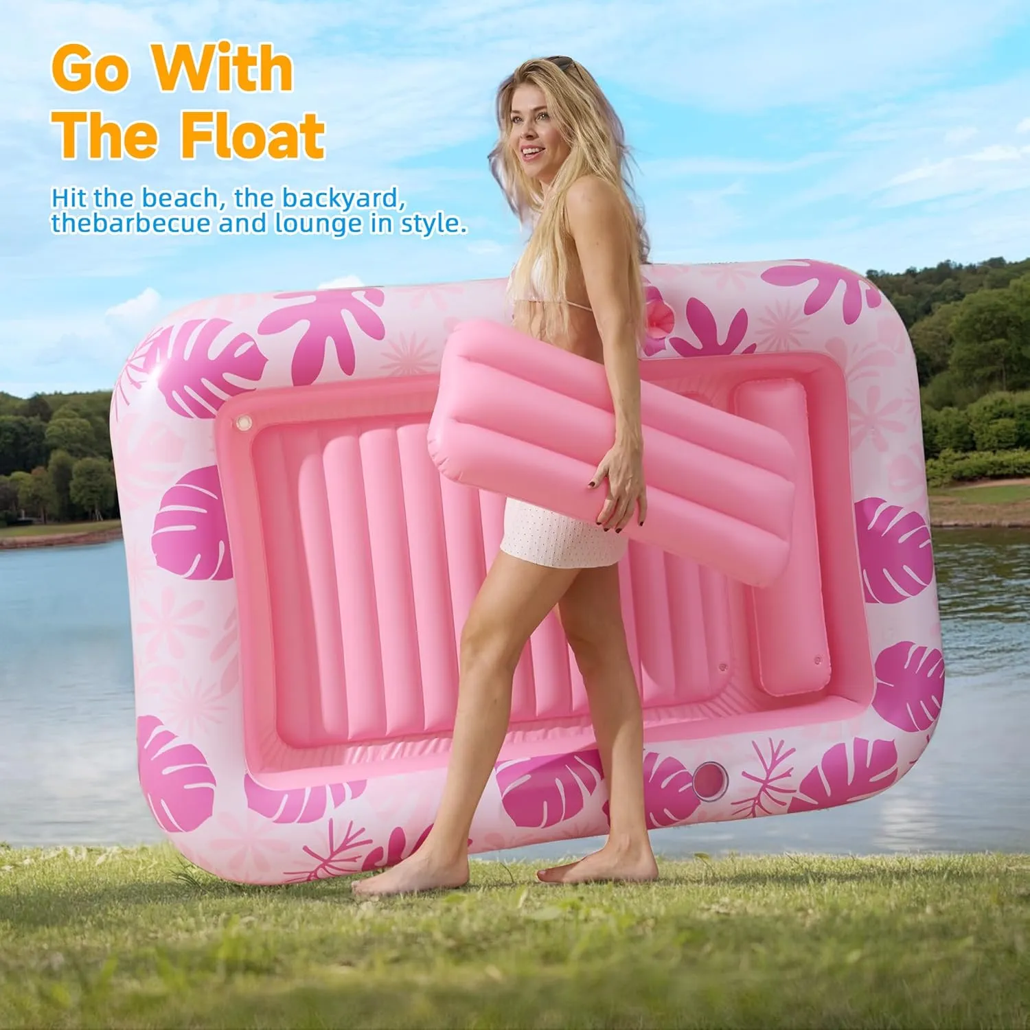 Inflatable Backyard Tanning Pool Lounger Float with Built-in Drainage, 85"×57.5" 6-in-1 Pool Floats Adult Inflatable Tanning Bed/Sun tan Tub/Outside Blow Up Chair Sofa Cloud Pools