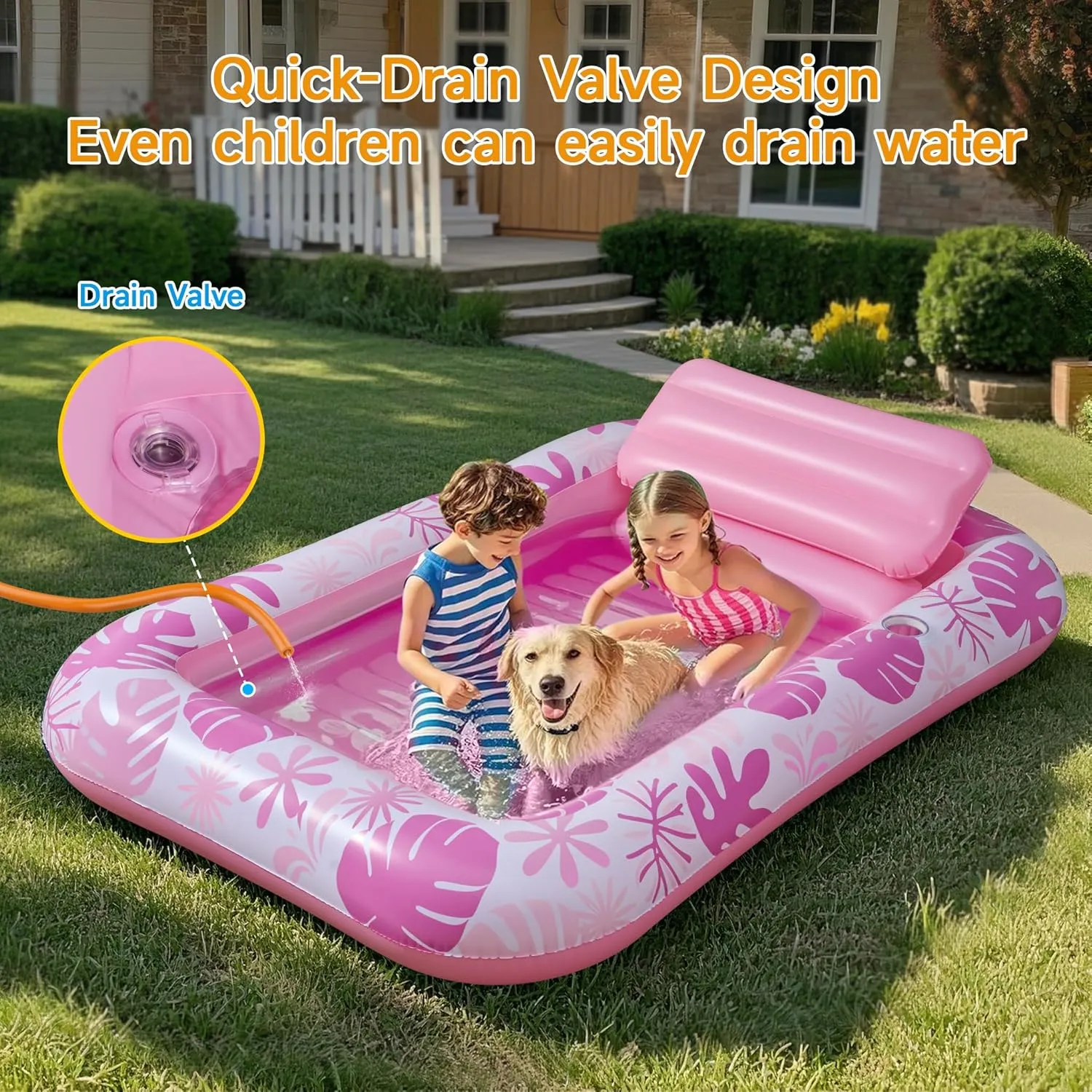 Inflatable Backyard Tanning Pool Lounger Float with Built-in Drainage, 85"×57.5" 6-in-1 Pool Floats Adult Inflatable Tanning Bed/Sun tan Tub/Outside Blow Up Chair Sofa Cloud Pools