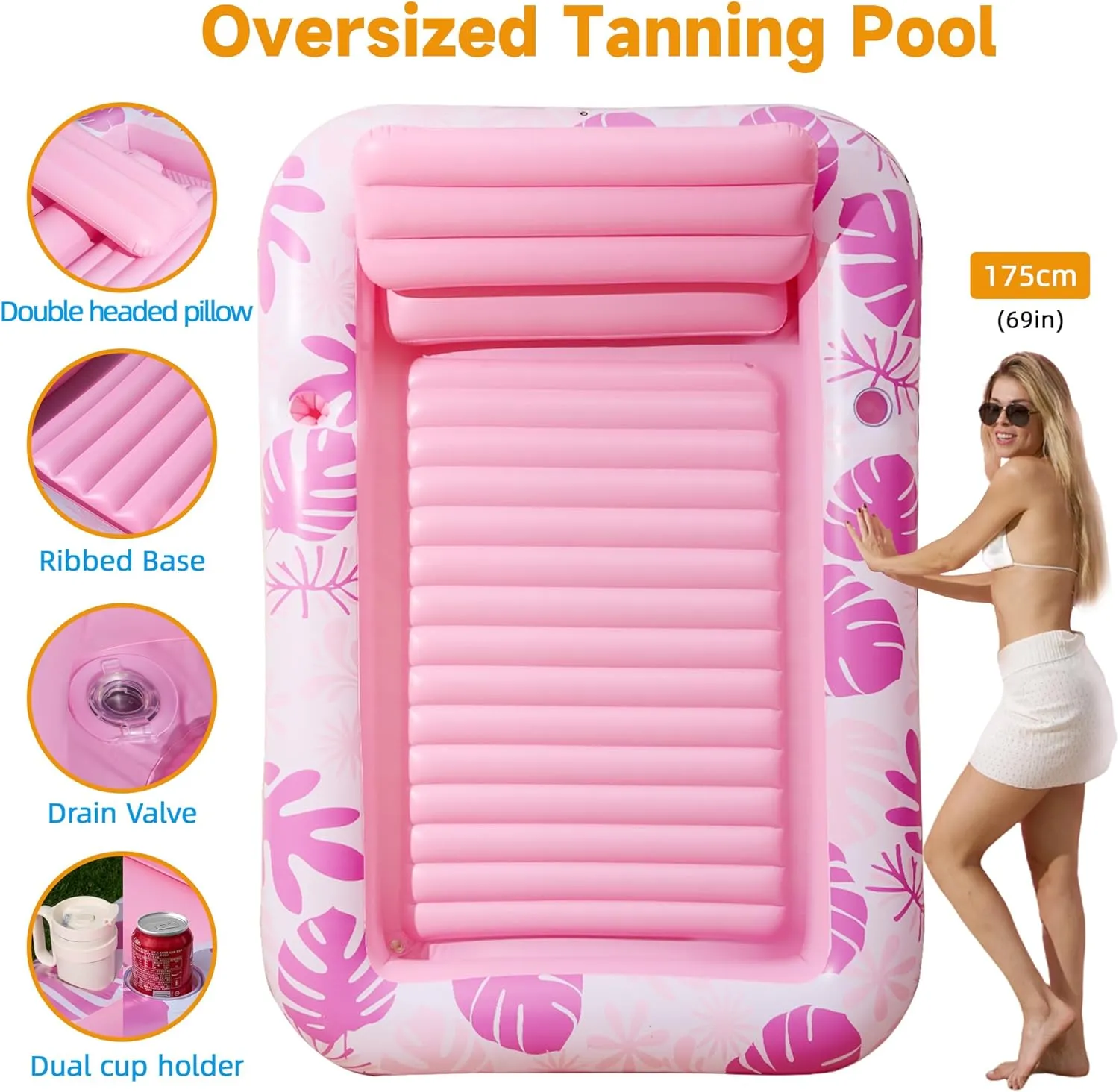 Inflatable Backyard Tanning Pool Lounger Float with Built-in Drainage, 85"×57.5" 6-in-1 Pool Floats Adult Inflatable Tanning Bed/Sun tan Tub/Outside Blow Up Chair Sofa Cloud Pools