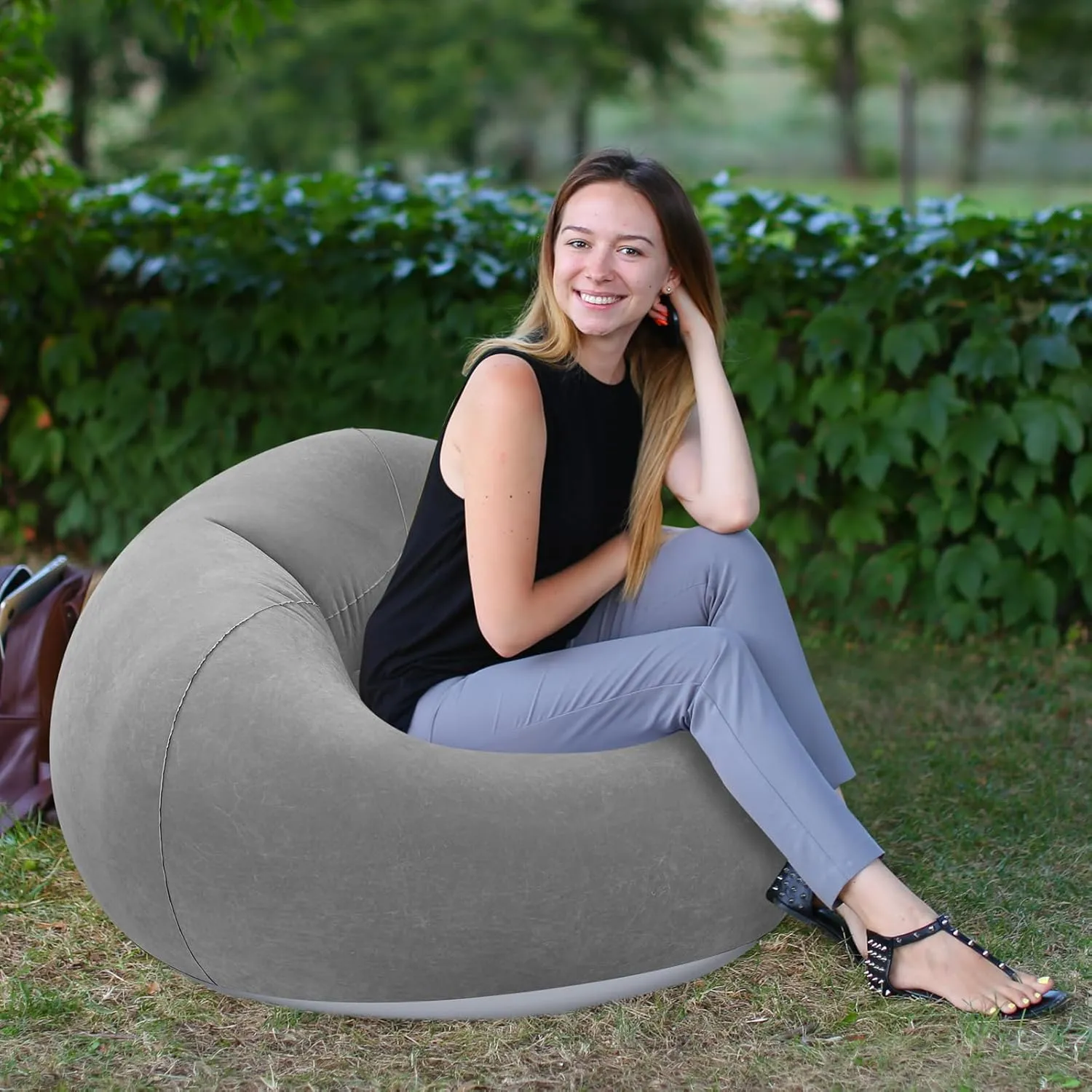Inflatable Bean Bag Chairs - Blow Up Camping Chairs, Lazy Sofa, Folding Portable Chair for Living Room, Bedroom, Reading Room (Dark Gray, 2 Pcs)