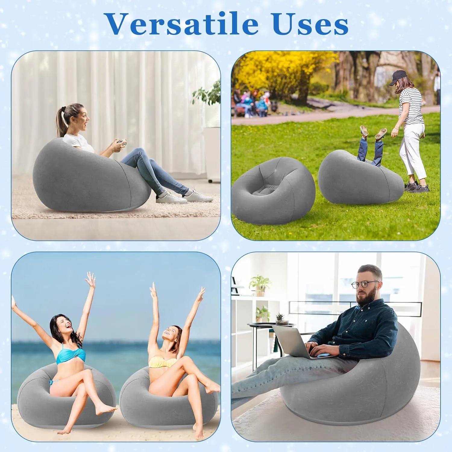 Inflatable Bean Bag Chairs - Blow Up Camping Chairs, Lazy Sofa, Folding Portable Chair for Living Room, Bedroom, Reading Room (Dark Gray, 2 Pcs)