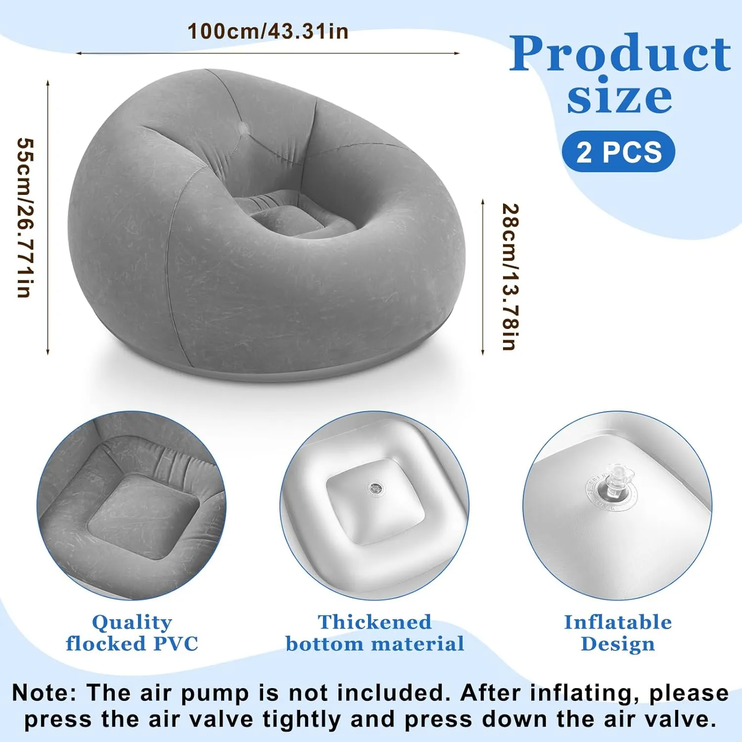Inflatable Bean Bag Chairs - Blow Up Camping Chairs, Lazy Sofa, Folding Portable Chair for Living Room, Bedroom, Reading Room (Dark Gray, 2 Pcs)