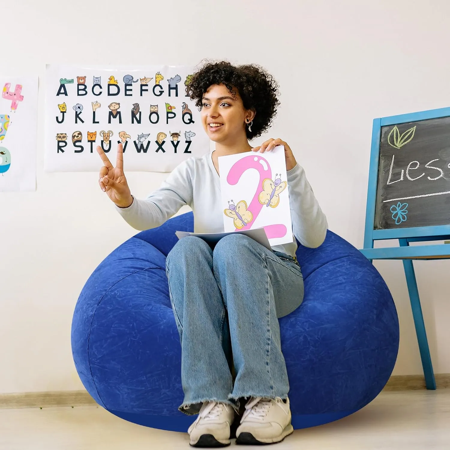 Inflatable Bean Bag Chairs Blow up Chairs Camping Chairs Inflatable Lazy Sofa Folding Portable Inflatable Chair for Living Room Bedroom Reading Room(Dark Blue,2 Pcs)