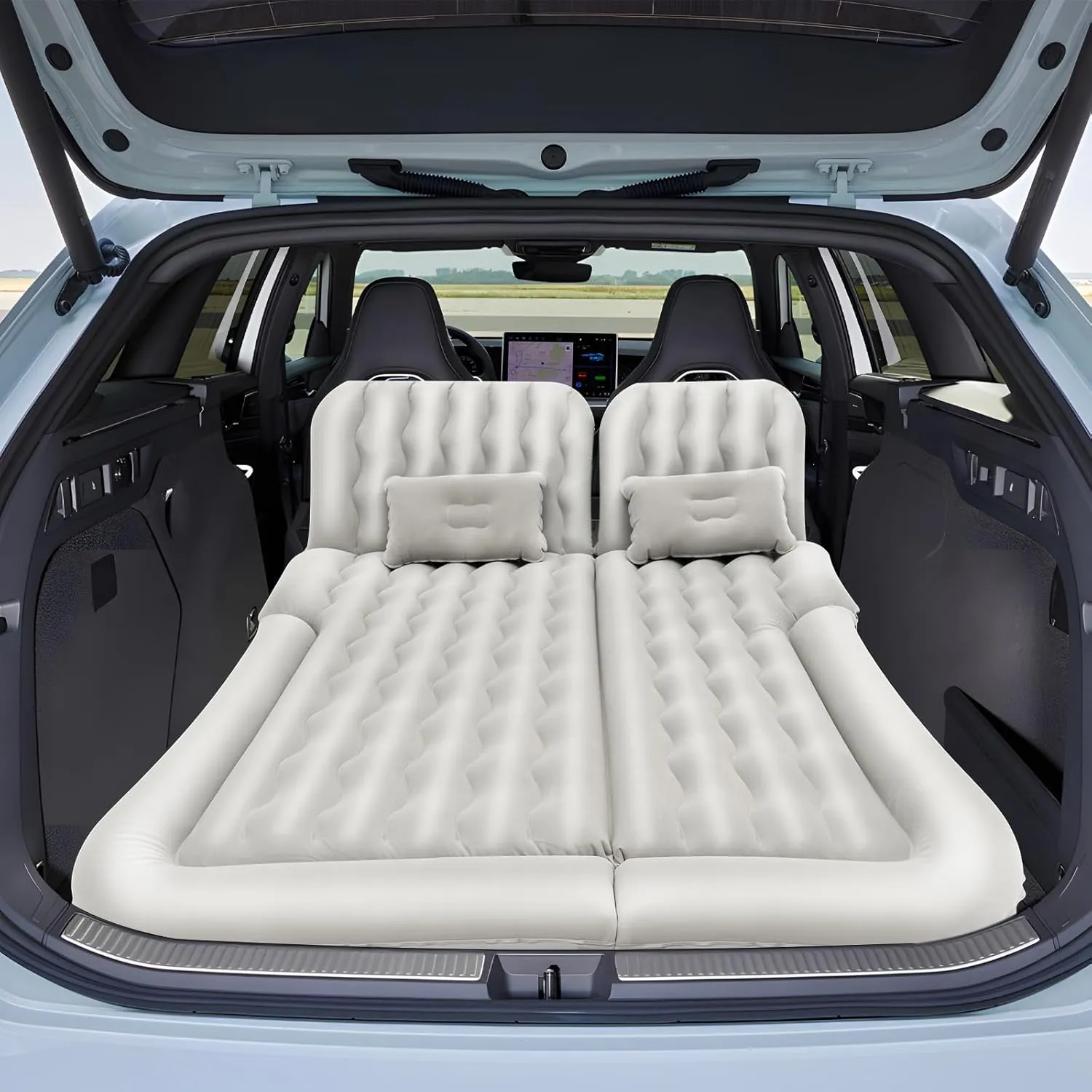 Inflatable Car Air Mattress Back Seat Bed, Inflatable SUV Truck Air Mattress with Car Air Pump 2 Pillows, Camping Travel Air Mattress Bed, Car Sleeping Mattress Bed, Grey
