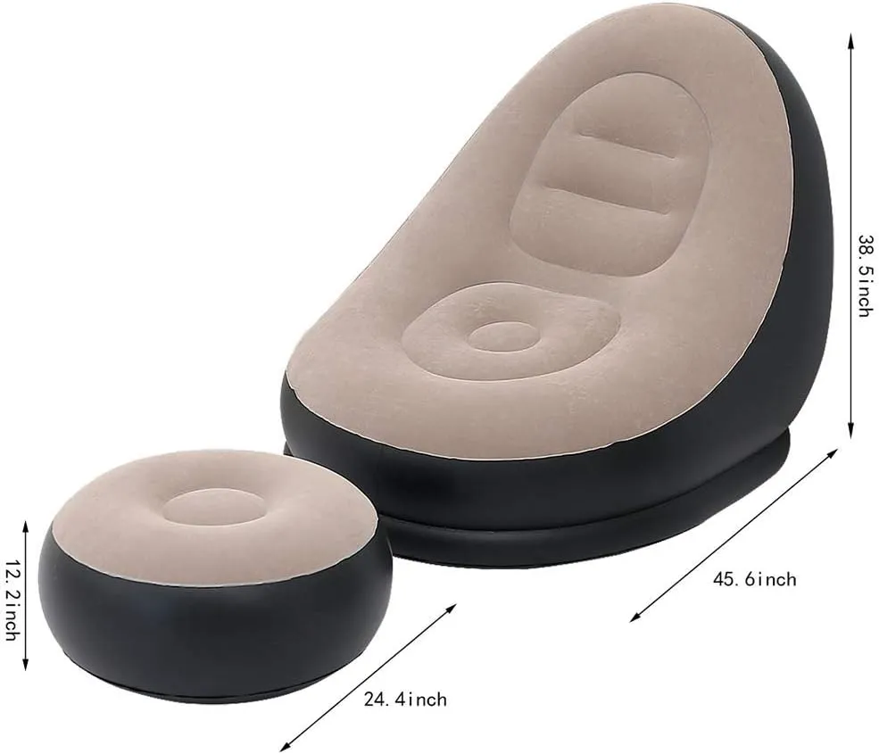 Inflatable Leisure Sofa Chair and Footstool Outdoor Folding Lounger Sofa Flocking Lazy Couch (Khaki)