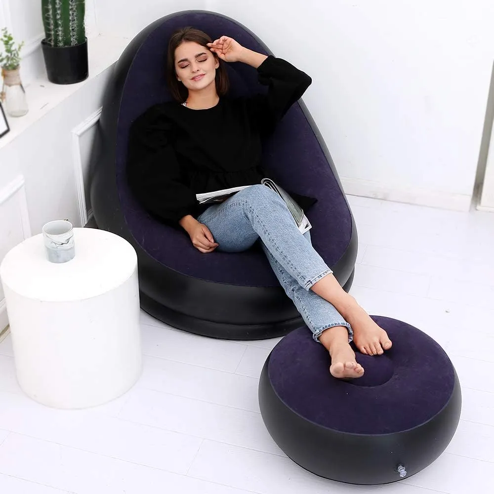 Inflatable Leisure Sofa Chair and Footstool Outdoor Folding Lounger Sofa Flocking Lazy Couch (Navy)