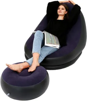 Inflatable Leisure Sofa Chair and Footstool Outdoor Folding Lounger Sofa Flocking Lazy Couch (Navy)