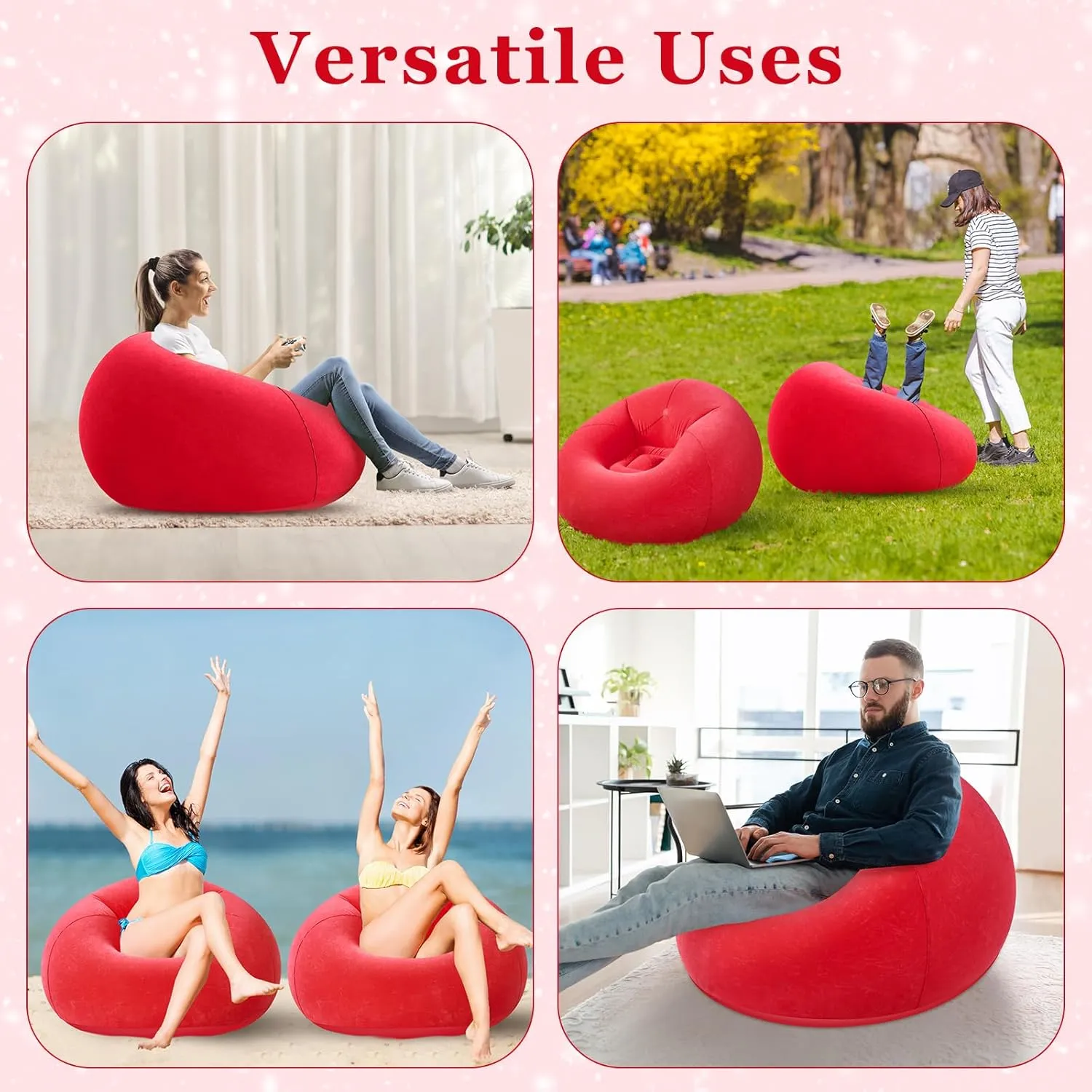 Inflatable Sofa Bean Bag Lounge Chair Lazy Sofa Folding Portable Chair for Living Room Bedroom Balcony Reading Room (Red, 2 Pcs)