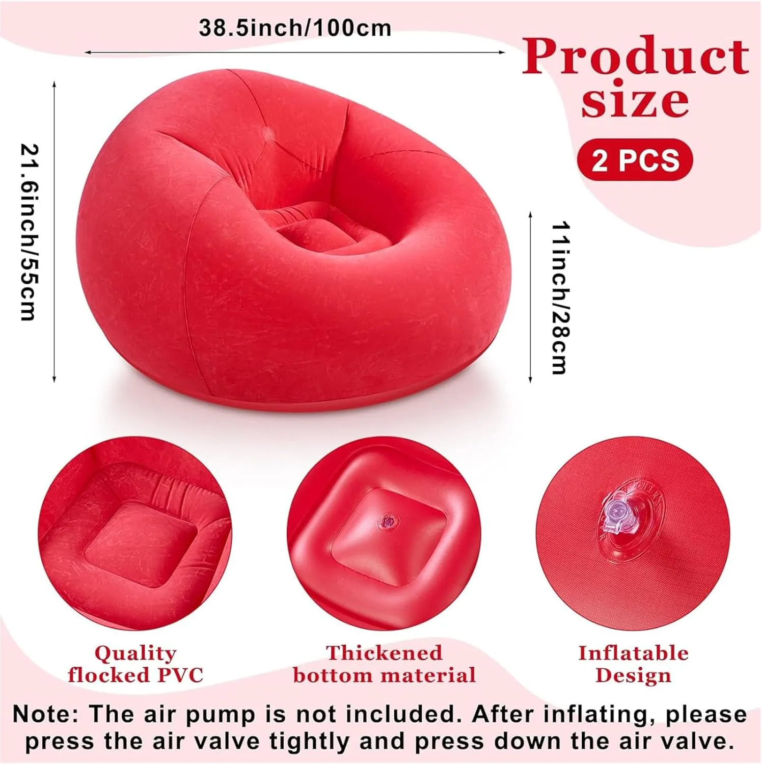 Inflatable Sofa Bean Bag Lounge Chair Lazy Sofa Folding Portable Chair for Living Room Bedroom Balcony Reading Room (Red, 2 Pcs)