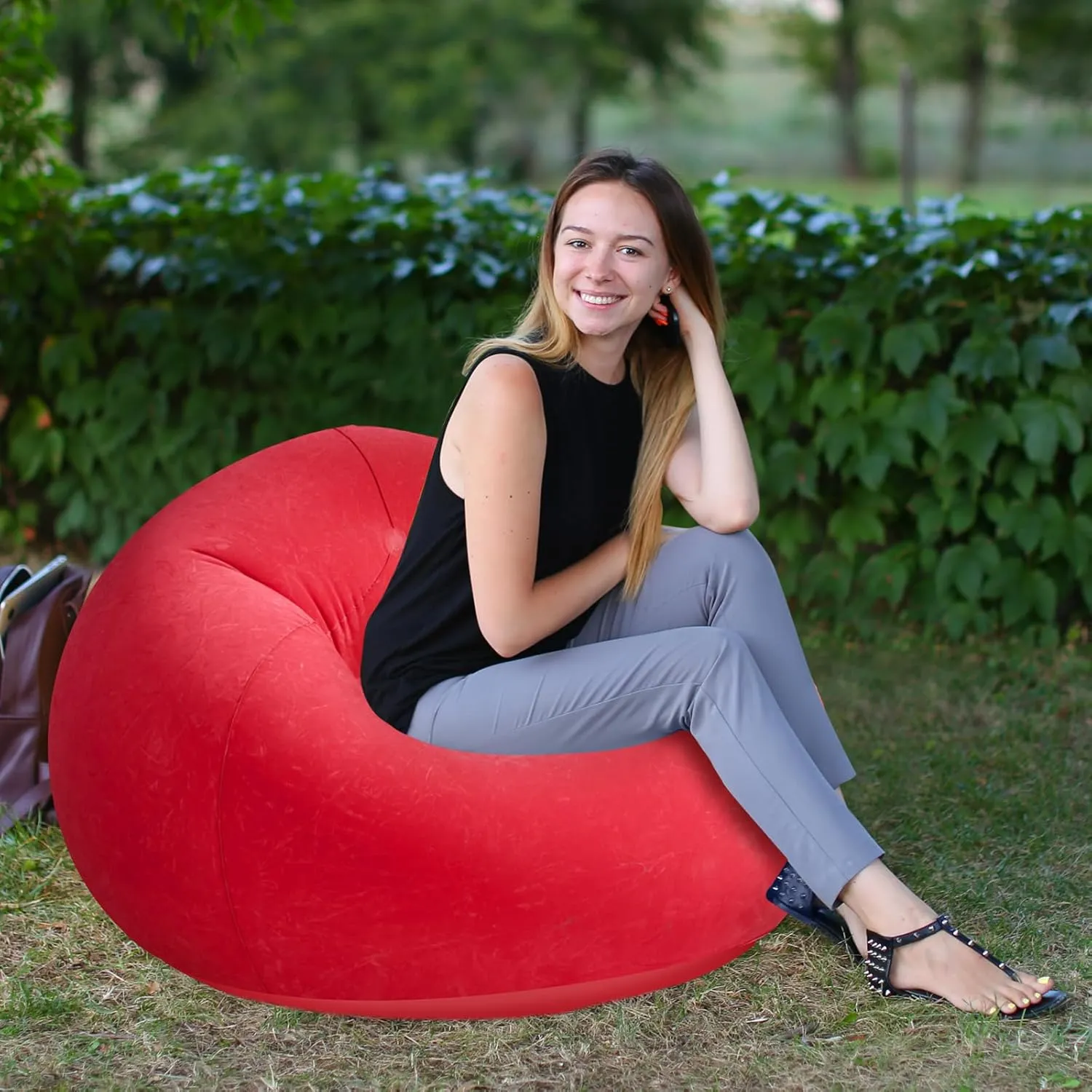 Inflatable Sofa Bean Bag Lounge Chair Lazy Sofa Folding Portable Chair for Living Room Bedroom Balcony Reading Room (Red, 2 Pcs)