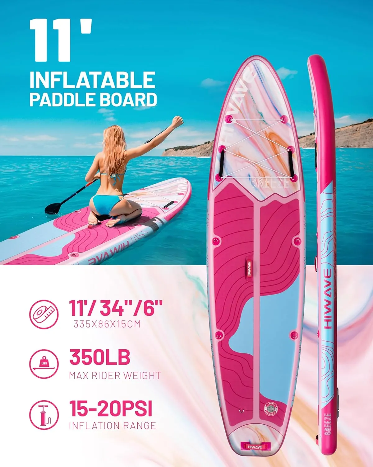 Inflatable Stand Up Paddle Board 11’*34”*6” Sup Board, 450lbs Capicity Adult&Youth Paddle Board, Pet Friendly for Ocean&Lake, w/Double Action Hand Pump