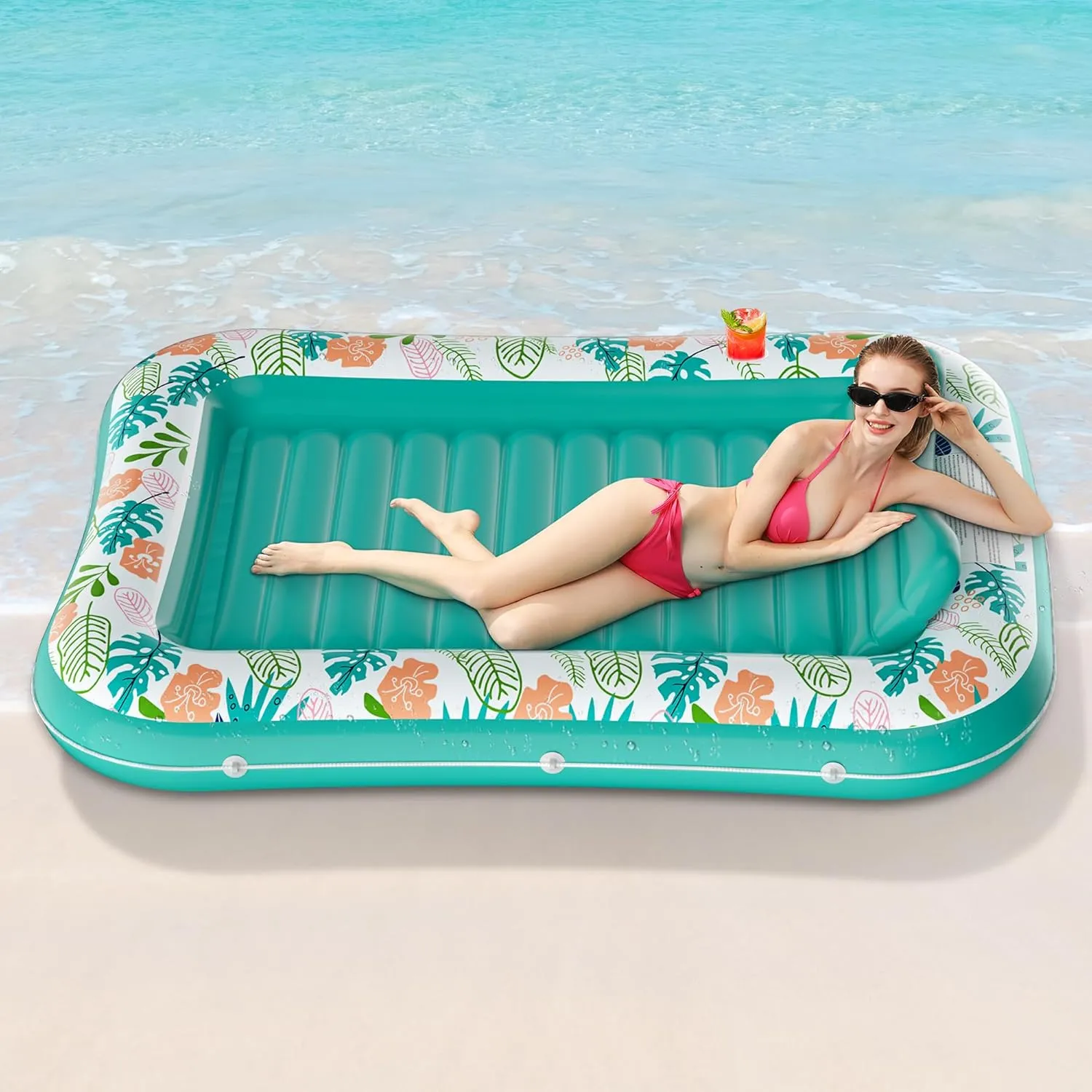 Inflatable Tanning Pool Lounger Float, Stonful 75" x 51" Pool Floats Adult with Pillow & Cup Holder, 4 in 1 Water Filled Inflatable Sun Tan Tub Tanning Bed Mat for Swimming Pool Backyard Beach (XL)