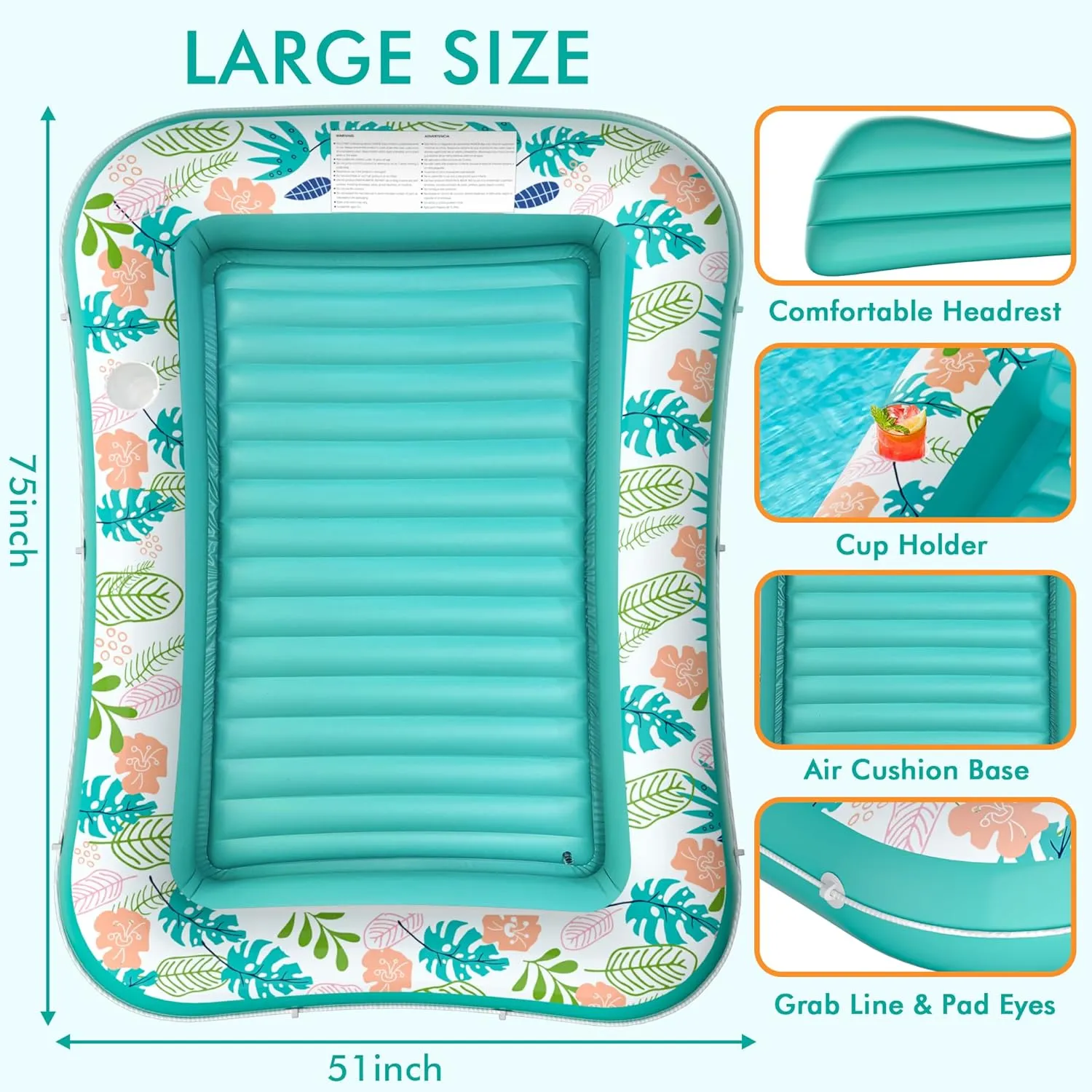 Inflatable Tanning Pool Lounger Float, Stonful 75" x 51" Pool Floats Adult with Pillow & Cup Holder, 4 in 1 Water Filled Inflatable Sun Tan Tub Tanning Bed Mat for Swimming Pool Backyard Beach (XL)