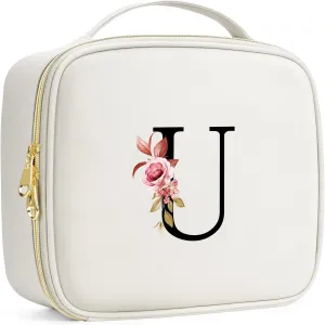 Initials Travel Makeup Train Case Birthday Mothers Day Gifts for Women, Personalized Makeup Cosmetic Case Organizer with Adjustable Dividers, Makeup Organizer Bag for Make up Brushes, Beige, U.