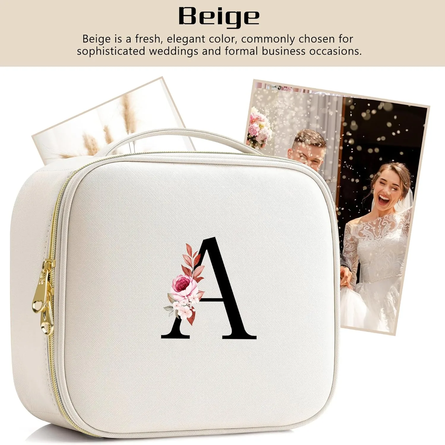 Initials Travel Makeup Train Case Birthday Mothers Day Gifts for Women, Personalized Makeup Cosmetic Case Organizer with Adjustable Dividers, Makeup Organizer Bag for Make up Brushes, Beige, U.