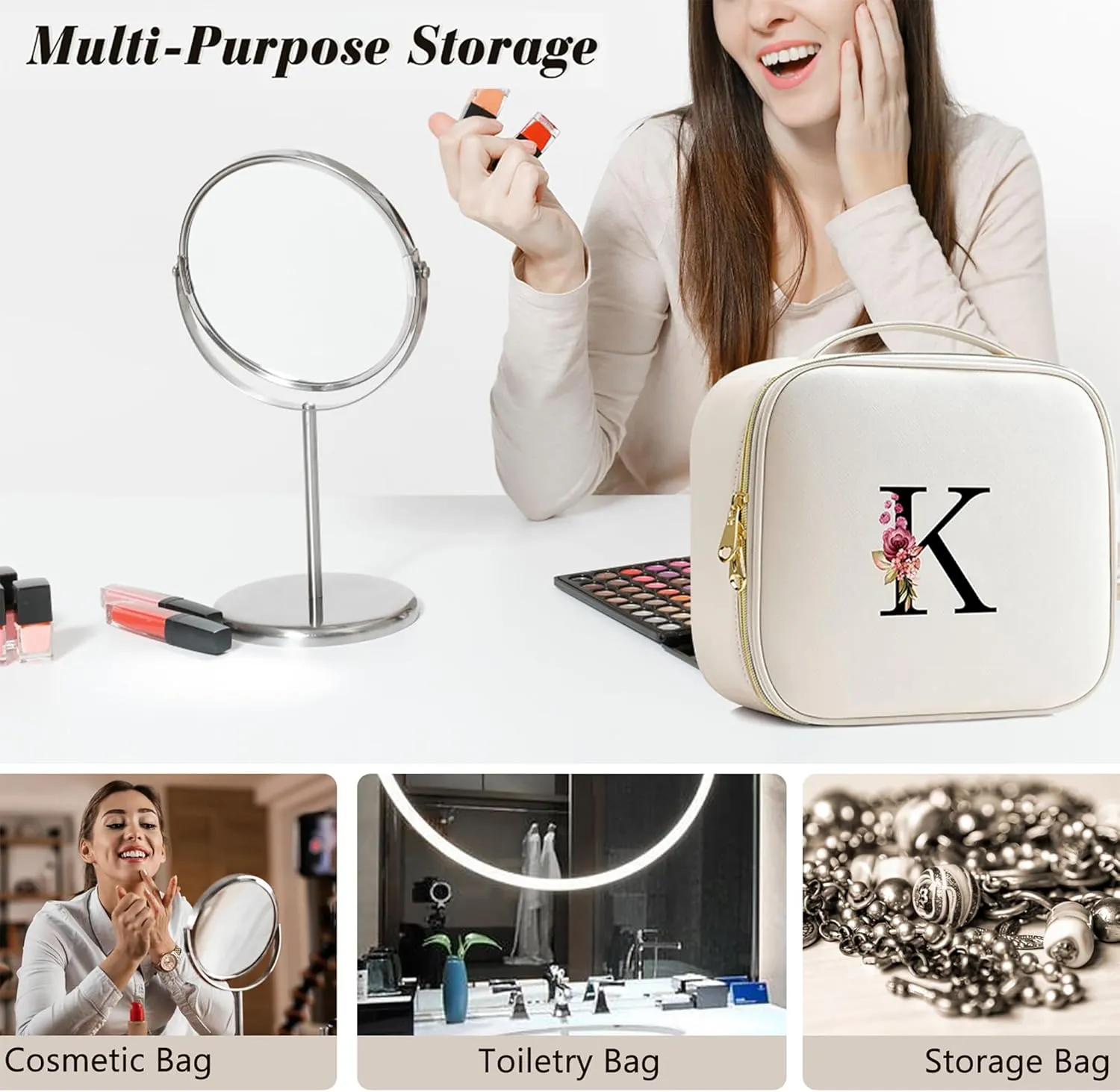 Initials Travel Makeup Train Case Birthday Mothers Day Gifts for Women, Personalized Makeup Cosmetic Case Organizer with Adjustable Dividers, Makeup Organizer Bag for Make up Brushes, Beige, U.