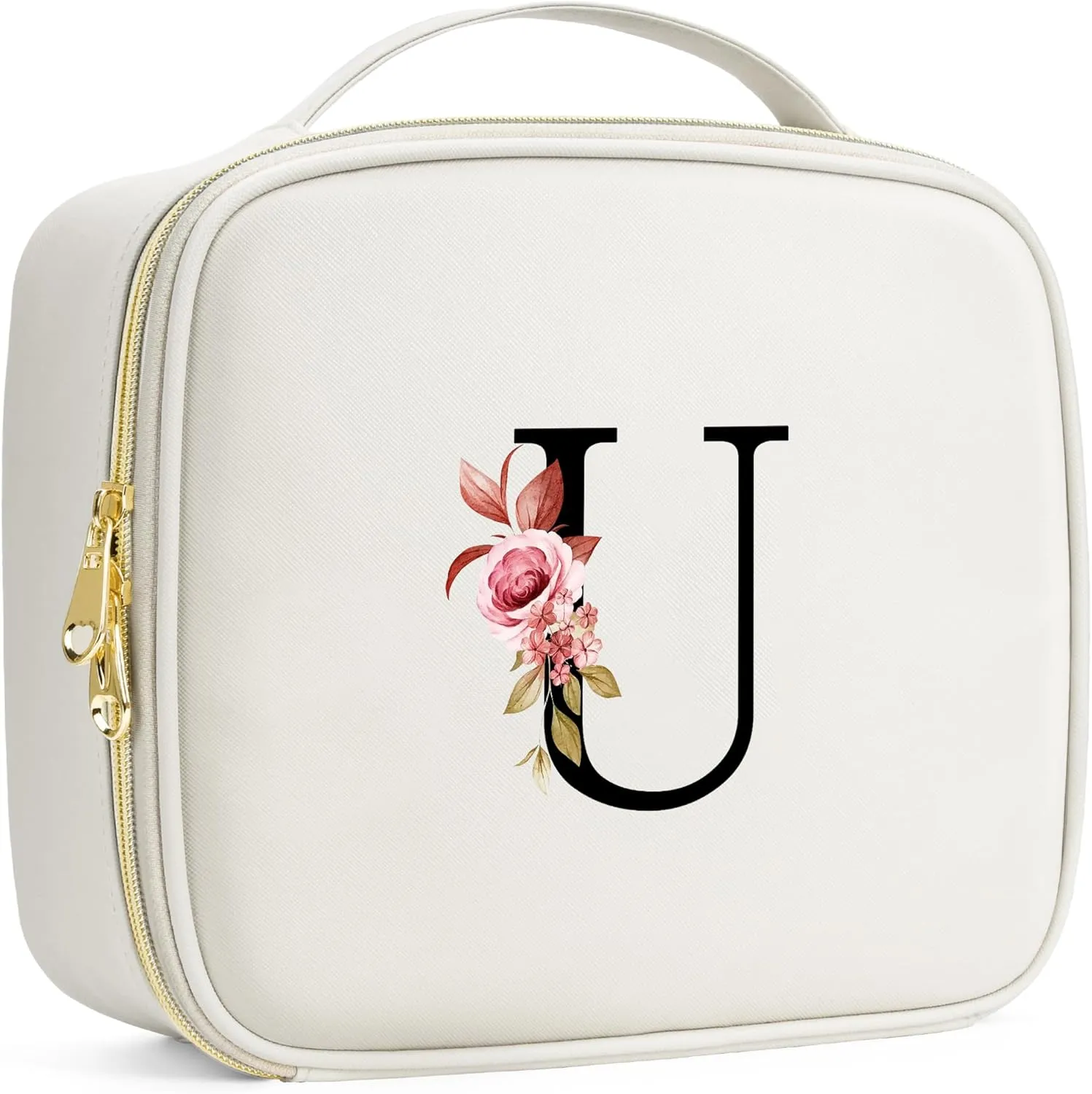 Initials Travel Makeup Train Case Birthday Mothers Day Gifts for Women, Personalized Makeup Cosmetic Case Organizer with Adjustable Dividers, Makeup Organizer Bag for Make up Brushes, Beige, U.