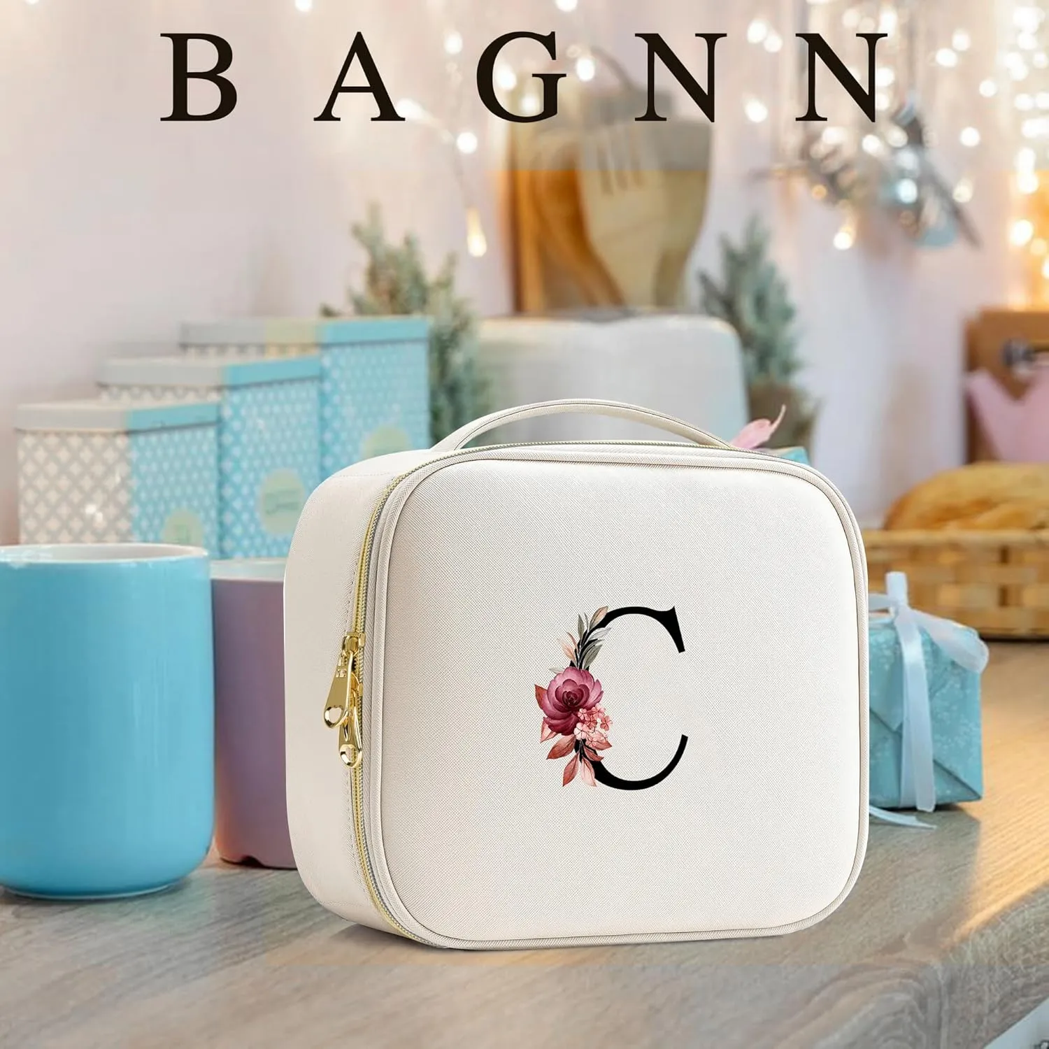 Initials Travel Makeup Train Case Birthday Mothers Day Gifts for Women, Personalized Makeup Cosmetic Case Organizer with Adjustable Dividers, Makeup Organizer Bag for Make up Brushes, Beige, U.