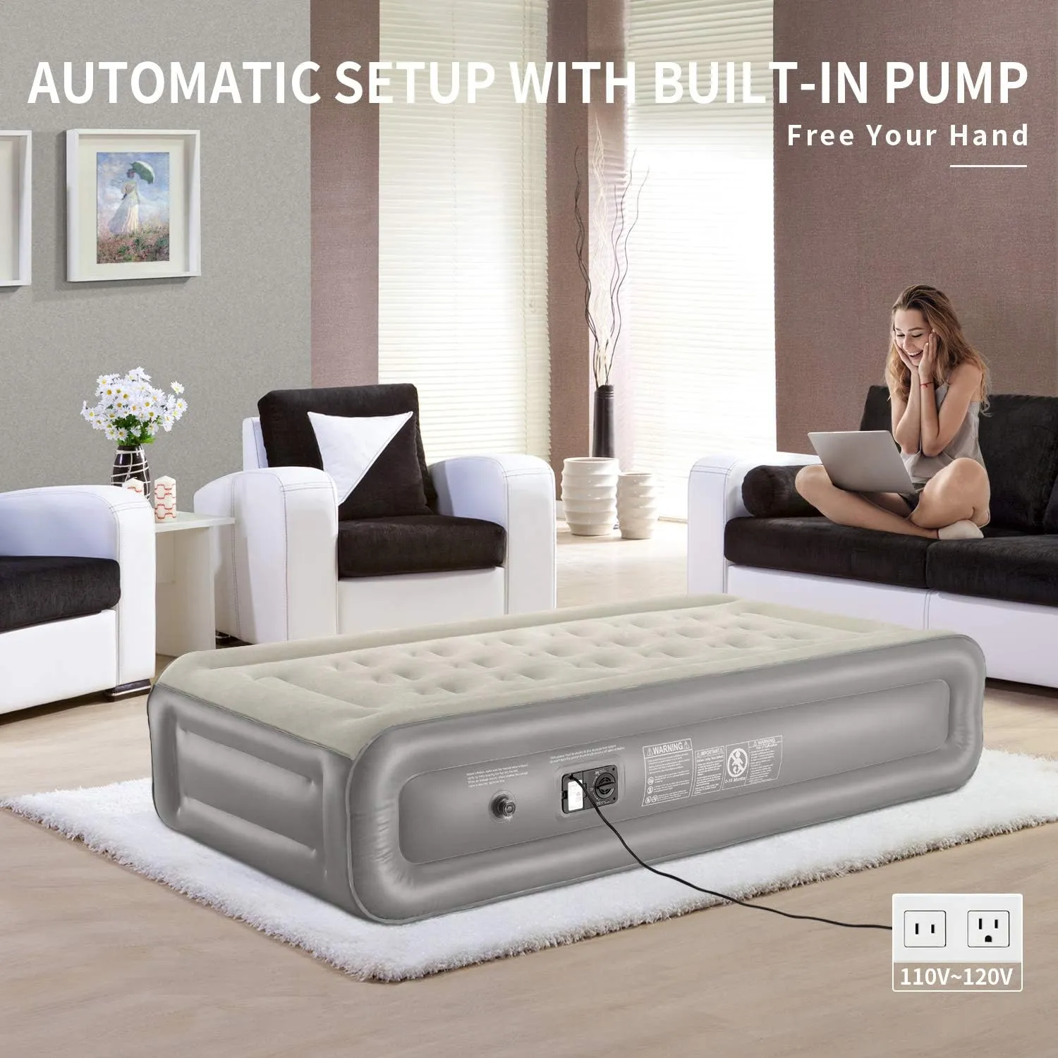 InnoTruth Raised Air Mattress with Built-in Pump, Elevated Inflatable Mattress with Carrying Bag for Home and Camping, Twin Size Blow Up Bed, Gray, Twin (78"x40"x18")