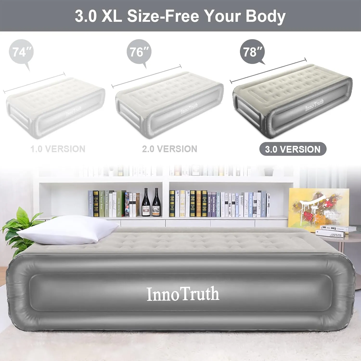 InnoTruth Raised Air Mattress with Built-in Pump, Elevated Inflatable Mattress with Carrying Bag for Home and Camping, Twin Size Blow Up Bed, Gray, Twin (78"x40"x18")