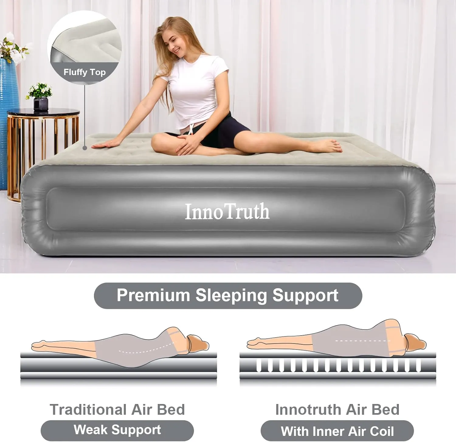 InnoTruth Raised Air Mattress with Built-in Pump, Elevated Inflatable Mattress with Carrying Bag for Home and Camping, Twin Size Blow Up Bed, Gray, Twin (78"x40"x18")