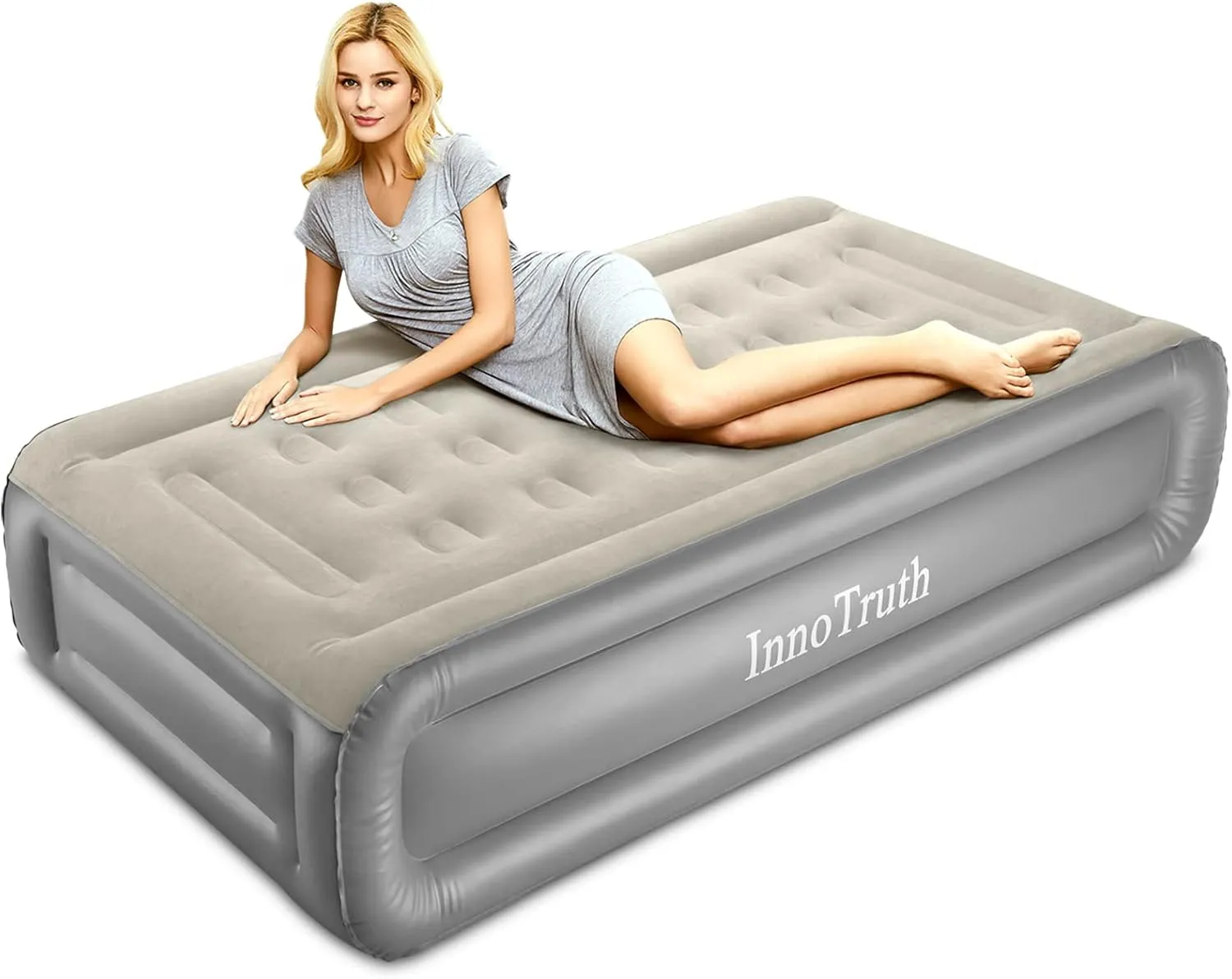 InnoTruth Raised Air Mattress with Built-in Pump, Elevated Inflatable Mattress with Carrying Bag for Home and Camping, Twin Size Blow Up Bed, Gray, Twin (78"x40"x18")