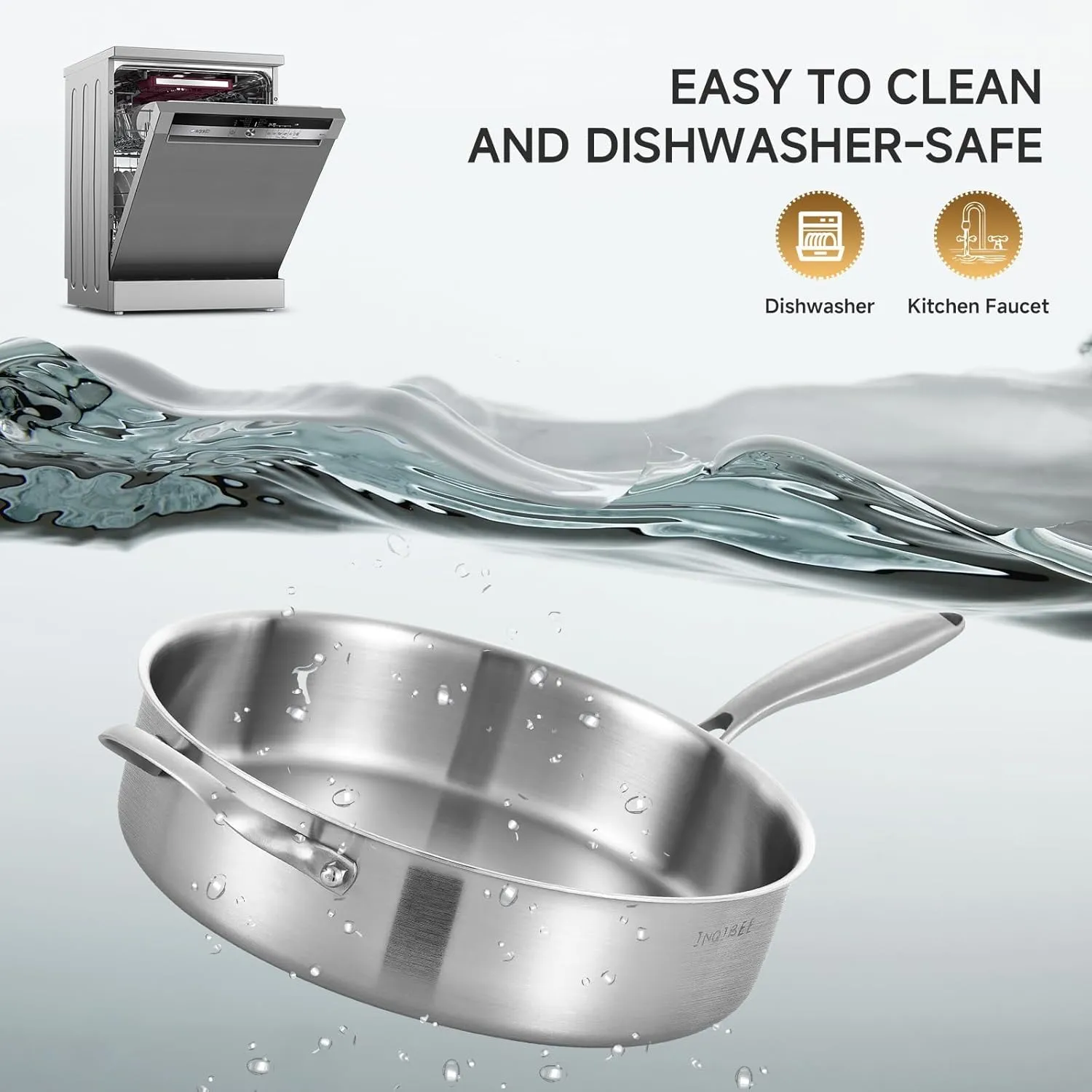 Inqibee Tri-Ply 7 Quarts Stainless Steel Sauté Pan with Lid, 12 Inch Induction Deep Frying Pan, Large Skillet,Jumbo Cooker, Dishwasher and Oven Safe,Detachable Handle.