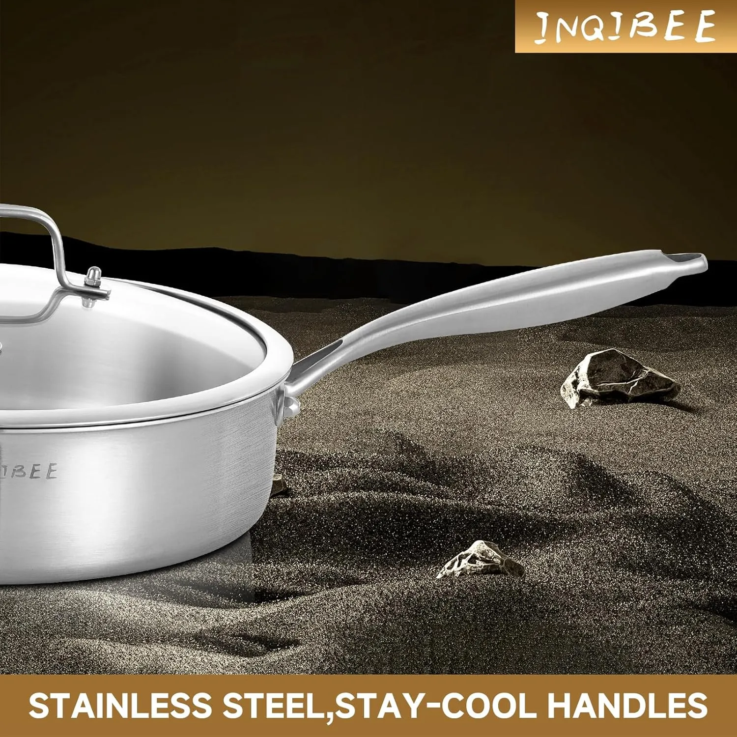 Inqibee Tri-Ply 7 Quarts Stainless Steel Sauté Pan with Lid, 12 Inch Induction Deep Frying Pan, Large Skillet,Jumbo Cooker, Dishwasher and Oven Safe,Detachable Handle.