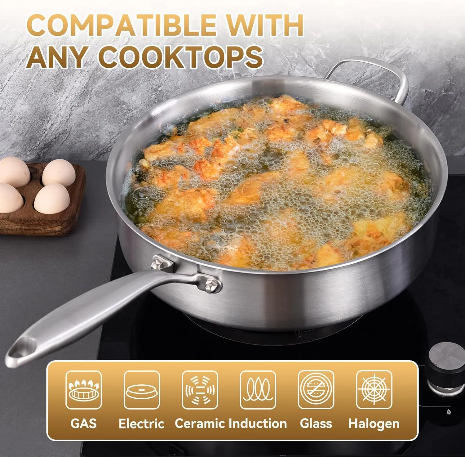 Inqibee Tri-Ply 7 Quarts Stainless Steel Sauté Pan with Lid, 12 Inch Induction Deep Frying Pan, Large Skillet,Jumbo Cooker, Dishwasher and Oven Safe,Detachable Handle.