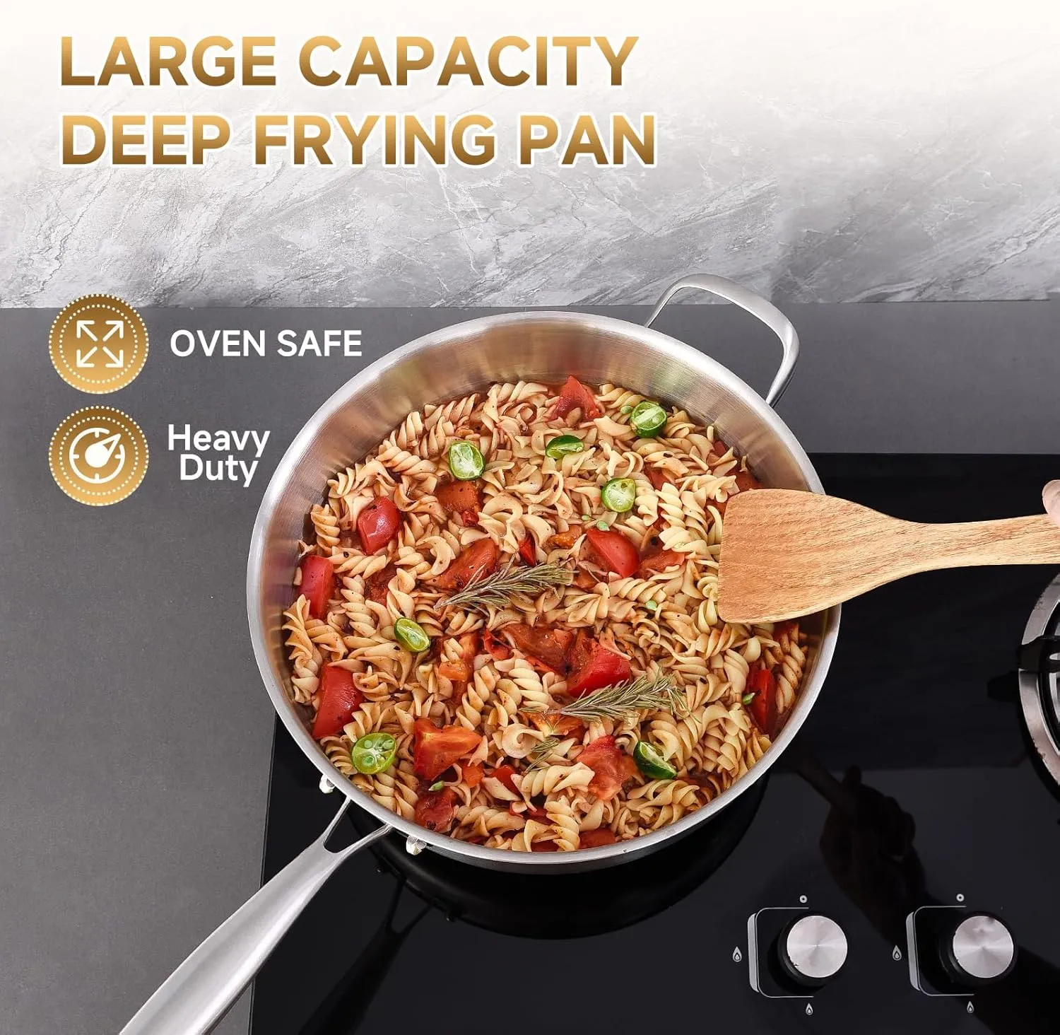 Inqibee Tri-Ply 7 Quarts Stainless Steel Sauté Pan with Lid, 12 Inch Induction Deep Frying Pan, Large Skillet,Jumbo Cooker, Dishwasher and Oven Safe,Detachable Handle.