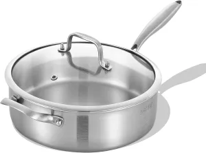Inqibee Tri-Ply 7 Quarts Stainless Steel Sauté Pan with Lid, 12 Inch Induction Deep Frying Pan, Large Skillet,Jumbo Cooker, Dishwasher and Oven Safe,Detachable Handle.