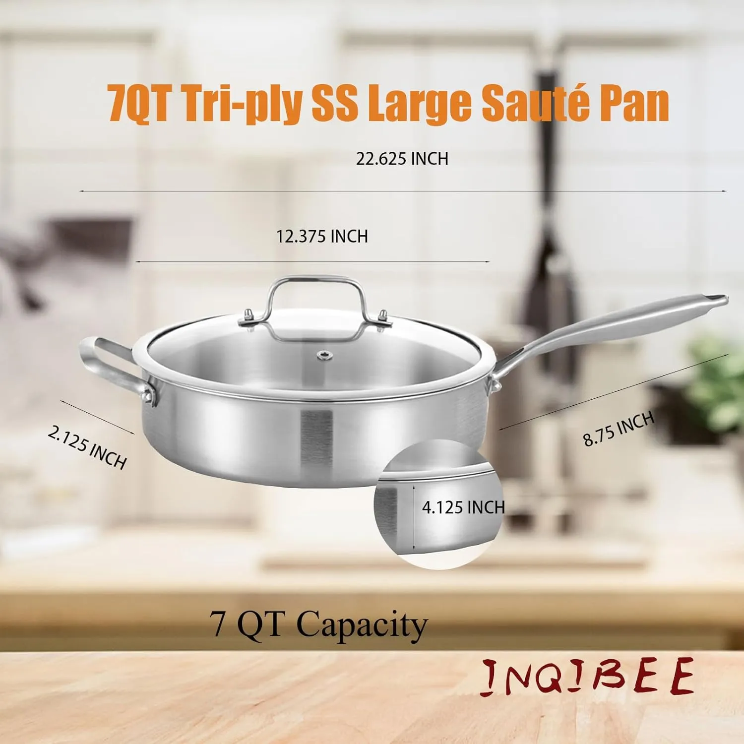 Inqibee Tri-Ply 7 Quarts Stainless Steel Sauté Pan with Lid, 12 Inch Induction Deep Frying Pan, Large Skillet,Jumbo Cooker, Dishwasher and Oven Safe,Detachable Handle.