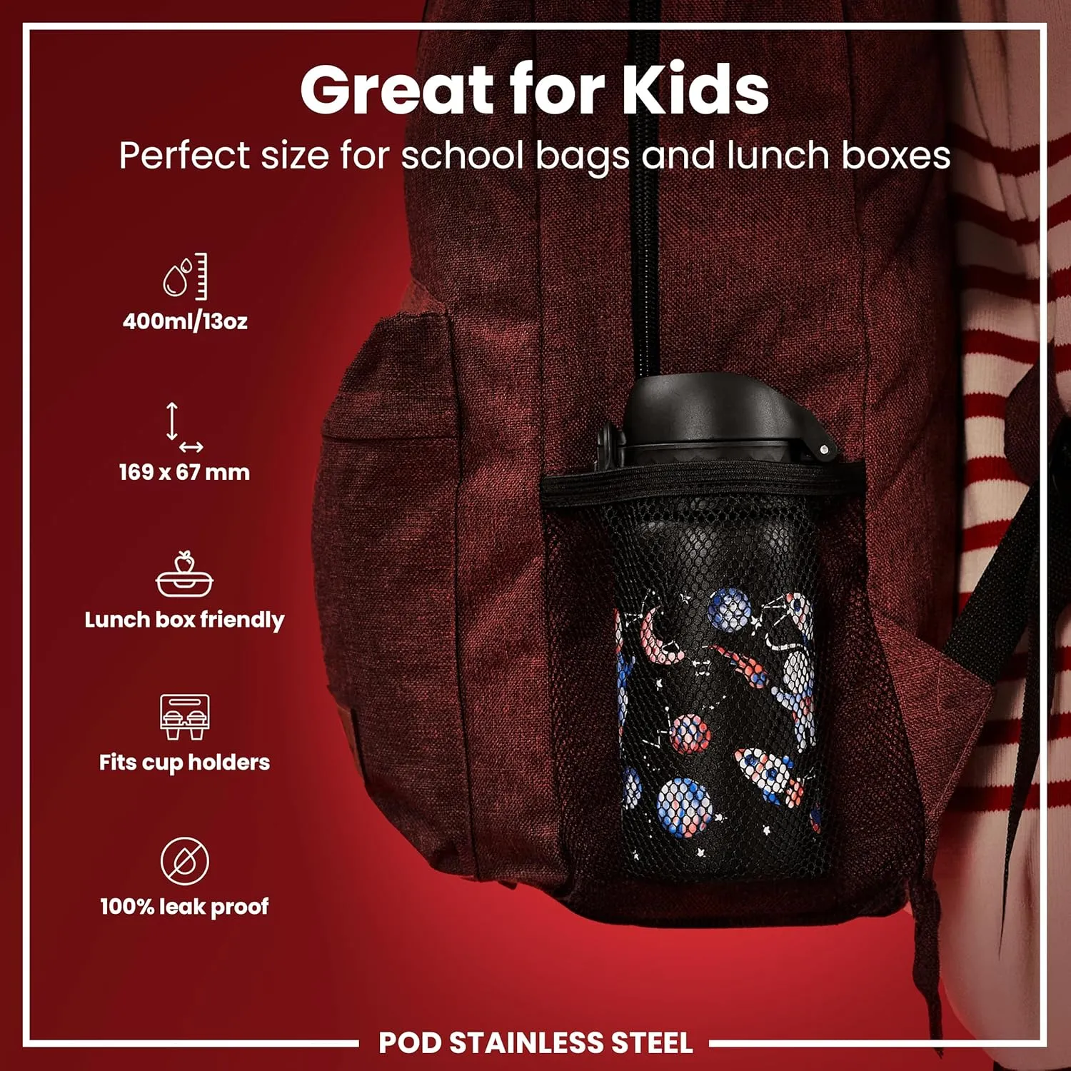 Ion8 Kids Water Bottle, Steel 400 ml/13 oz, Leak Proof, Easy to Open, Secure Lock, Dishwasher Safe, Flip Cover, Carry Handle, Easy Clean, Durable, Scratch Resistant, Raised Print, Space Travel Design