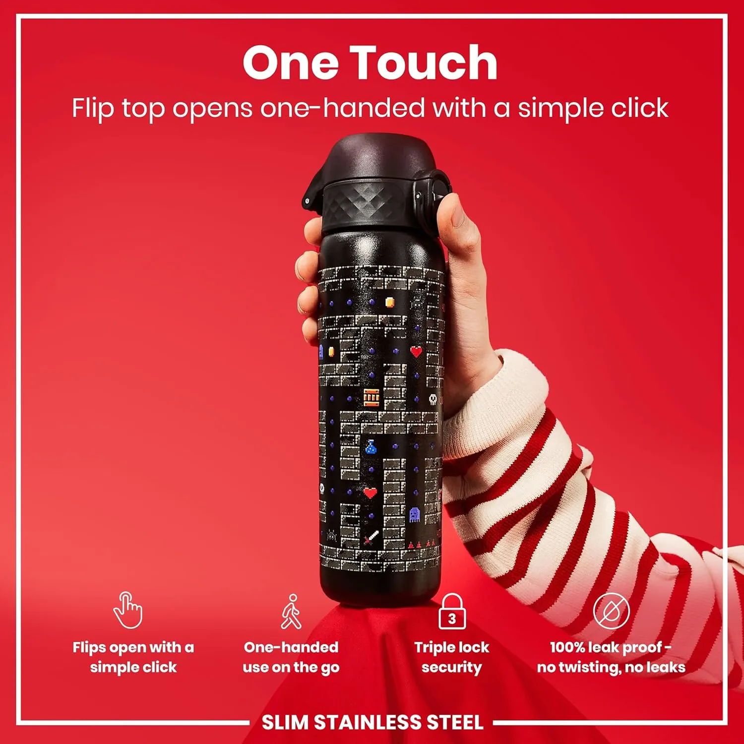 ION8 Steel Water Bottle, 600 ml/20 oz, Leak Proof, Easy to Open, Secure Lock, Dishwasher Safe, Flip Cover, Fits Cup Holders, Carry Handle, Durable, Scratch Resistant, Raised Print, Gaming Design