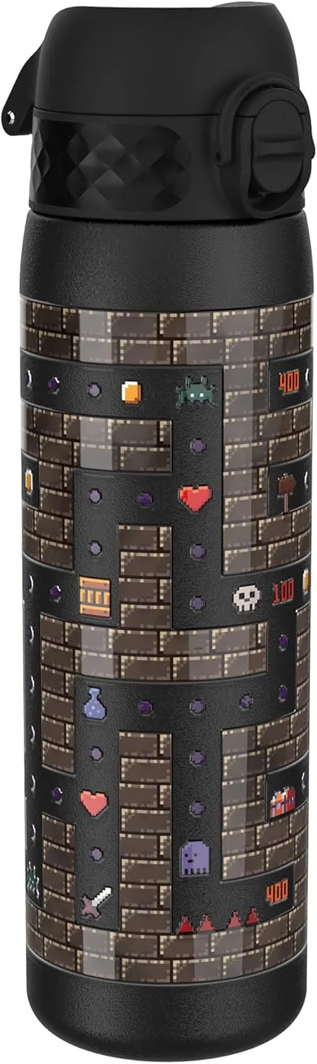 ION8 Steel Water Bottle, 600 ml/20 oz, Leak Proof, Easy to Open, Secure Lock, Dishwasher Safe, Flip Cover, Fits Cup Holders, Carry Handle, Durable, Scratch Resistant, Raised Print, Gaming Design